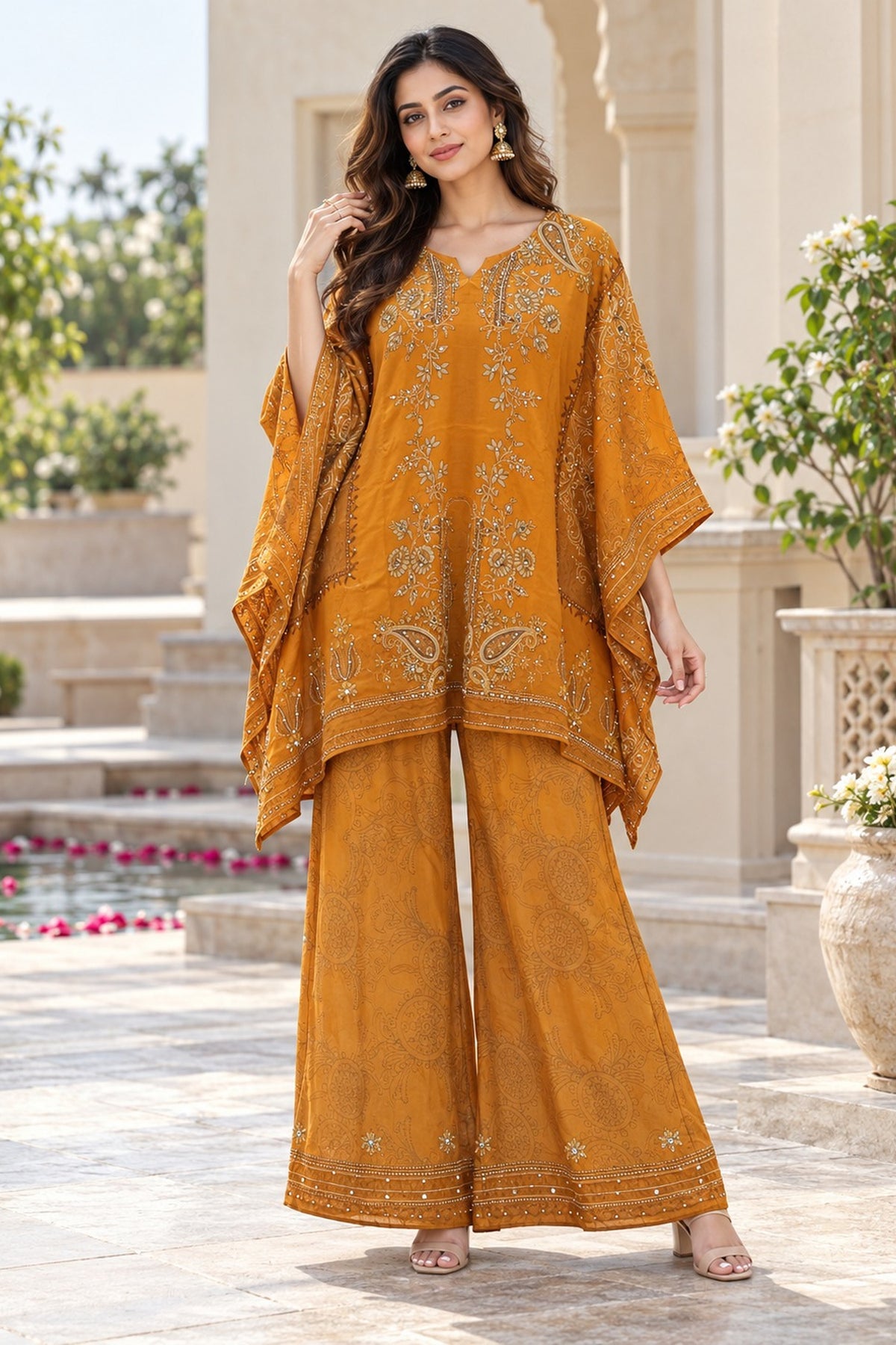 Mustard Embroidered Silk Kaftan Coord Set