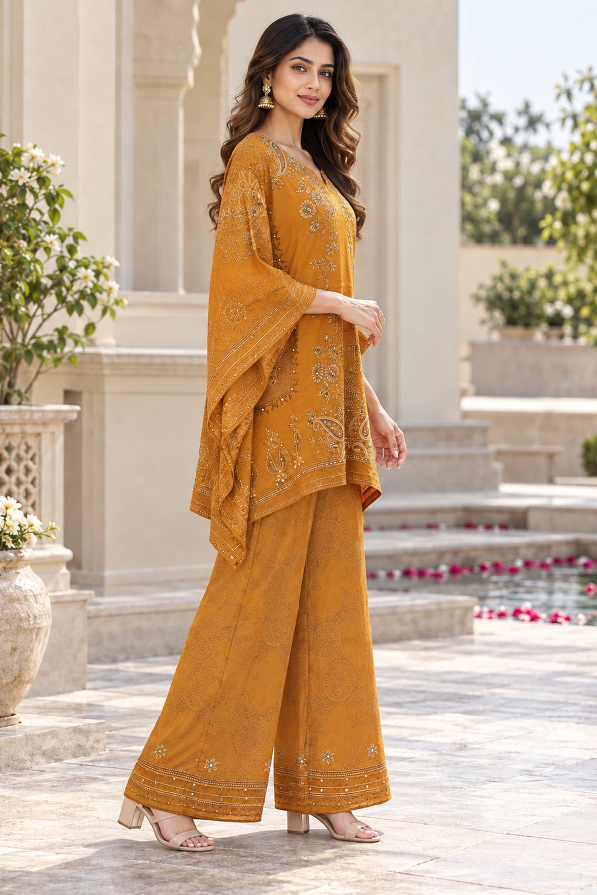Mustard Embroidered Silk Kaftan Coord Set