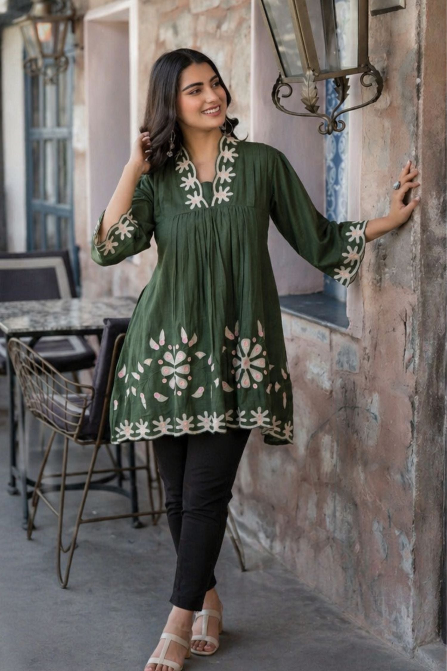 Dark Green Bloom Cotton Neck Printed Tunic