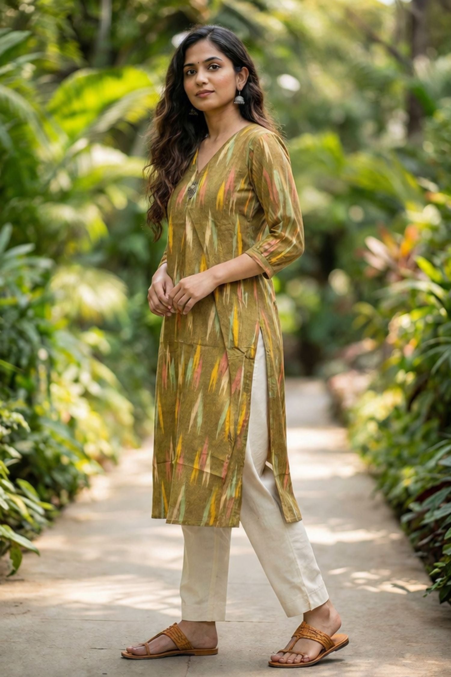 Greenish Yellow Multicolor Patterned Long Kurti