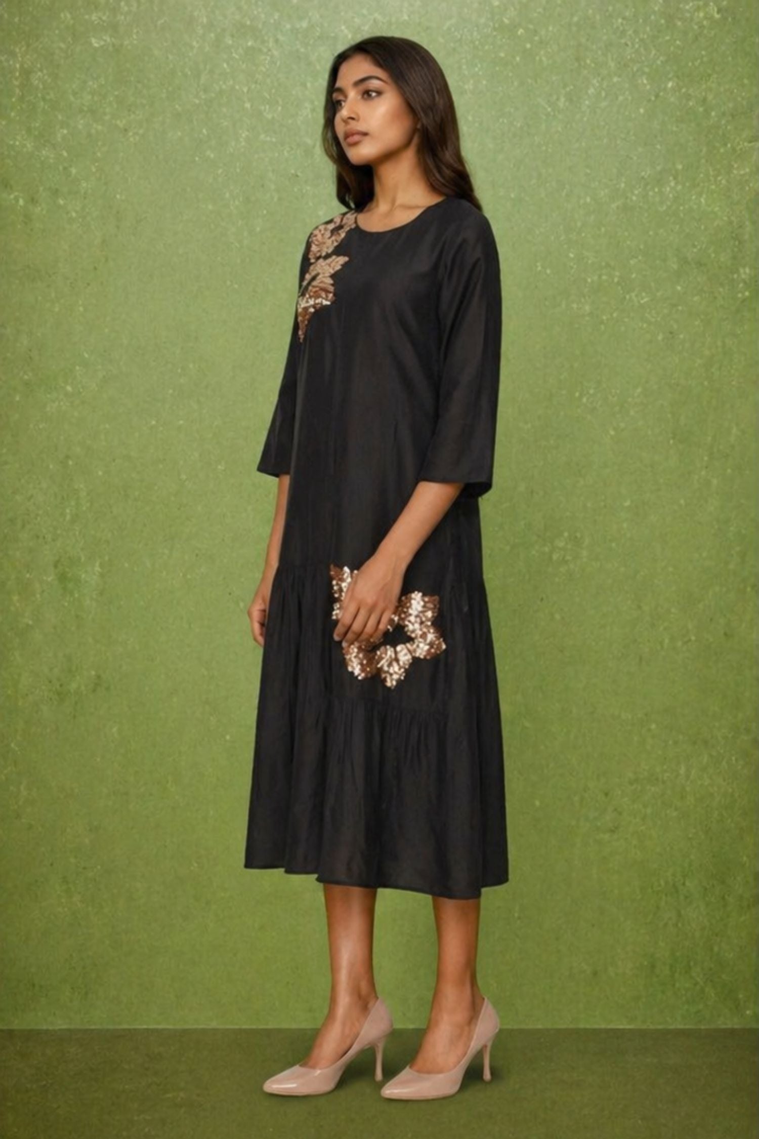 Black Satin Dress with Golden Floral Shoulder Embroidery