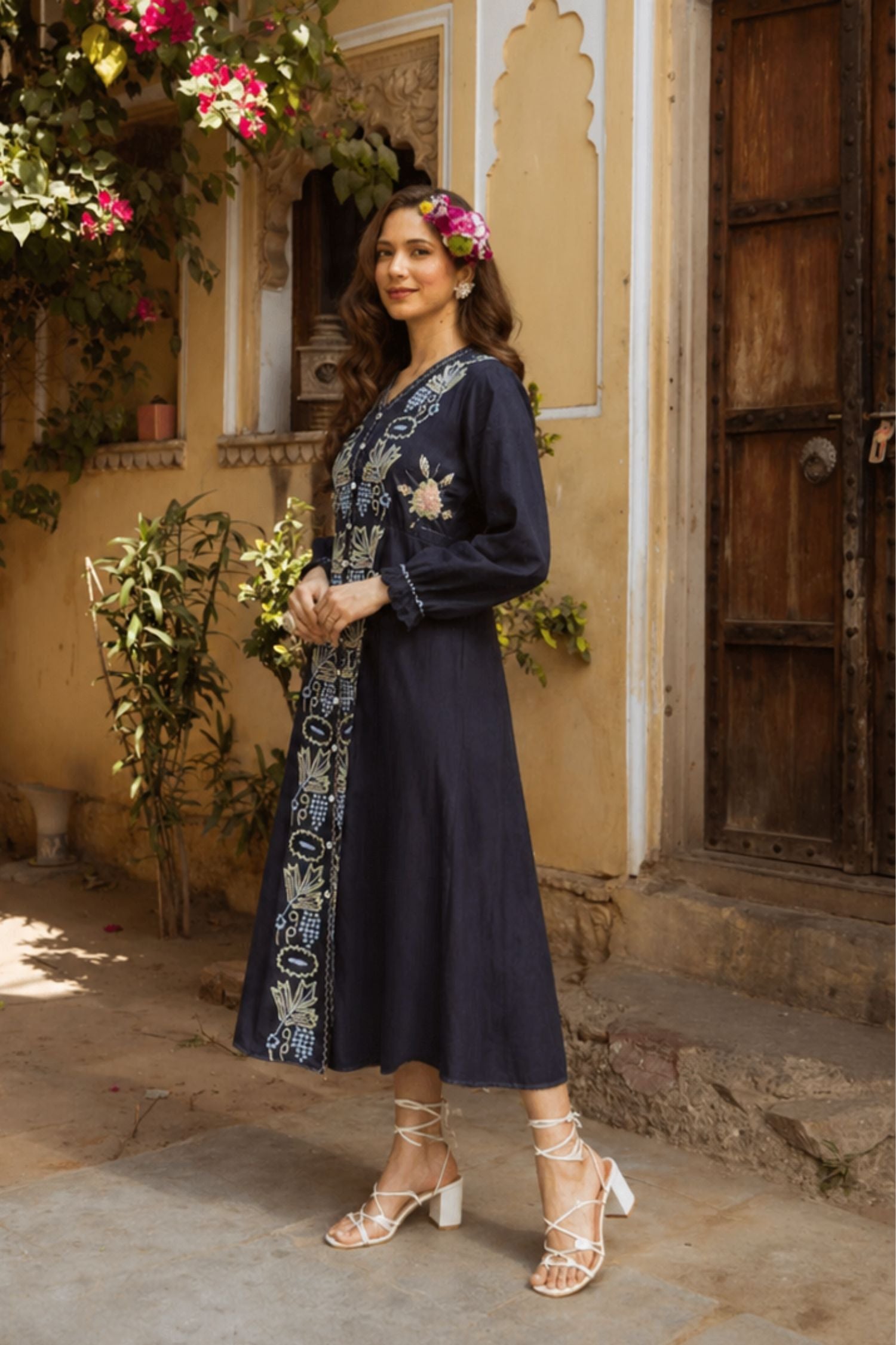Navy Blue Grace Hand Embroidery Long Dress