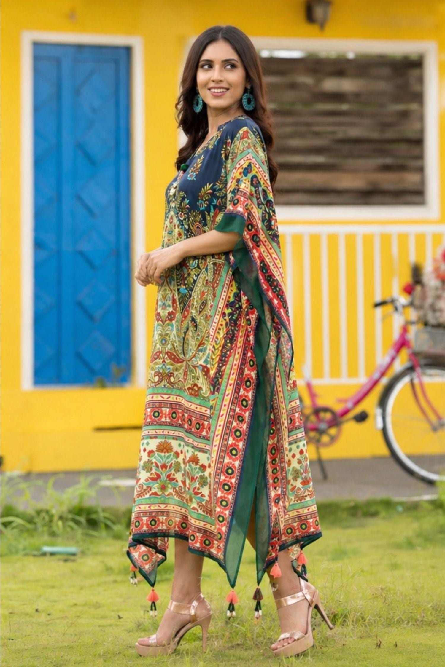 Chic Blue Long Kaftan with Printed Patterns