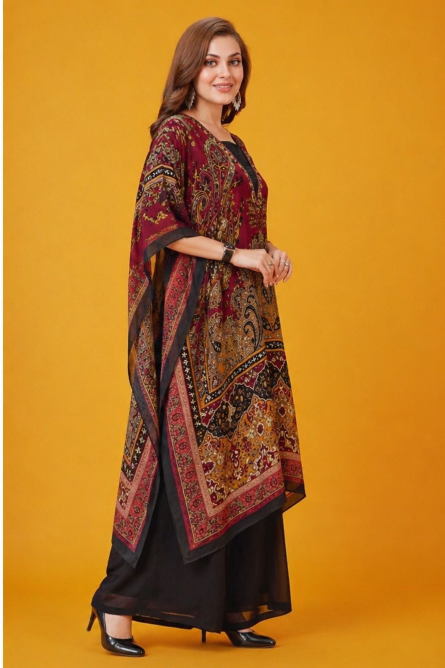 Freyaa Maroon Long Viscose Kaftan with Elegant Detailing