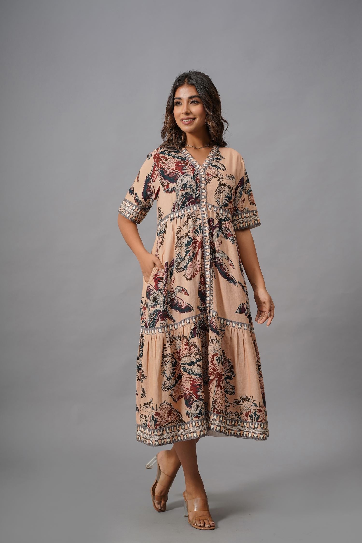 Peach Reverie Printed Midi Dress