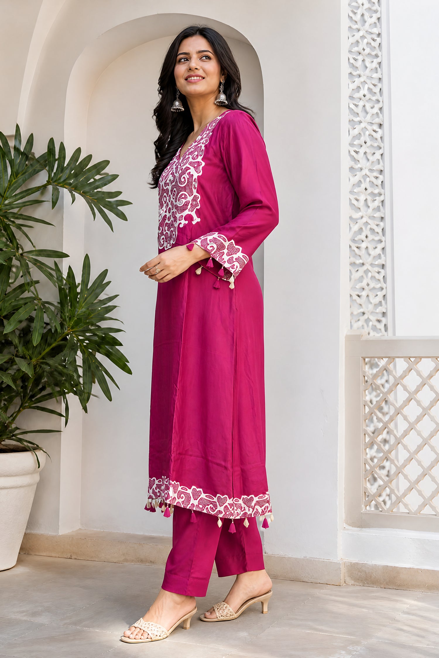 Maroon Gaji Silk Kurta Cord Set with White Hand Embroidered Yoke Work.
