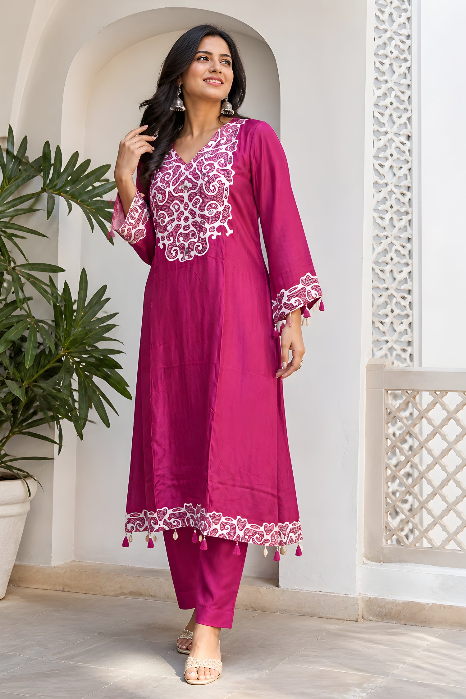 Maroon Gaji Silk Kurta Cord Set with White Hand Embroidered Yoke Work.