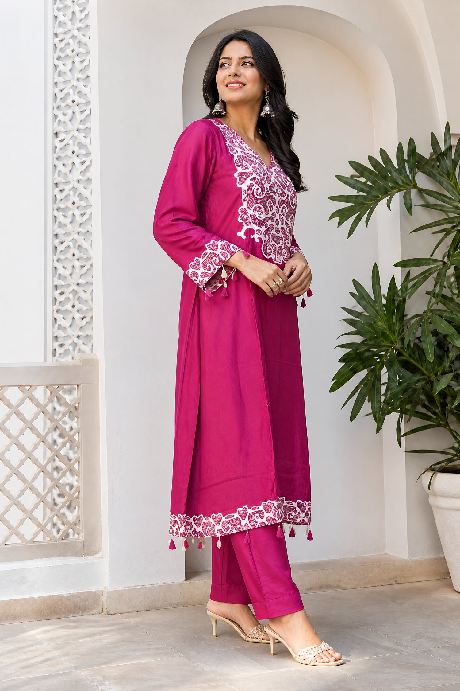Maroon Gaji Silk Kurta Cord Set with White Hand Embroidered Yoke Work.