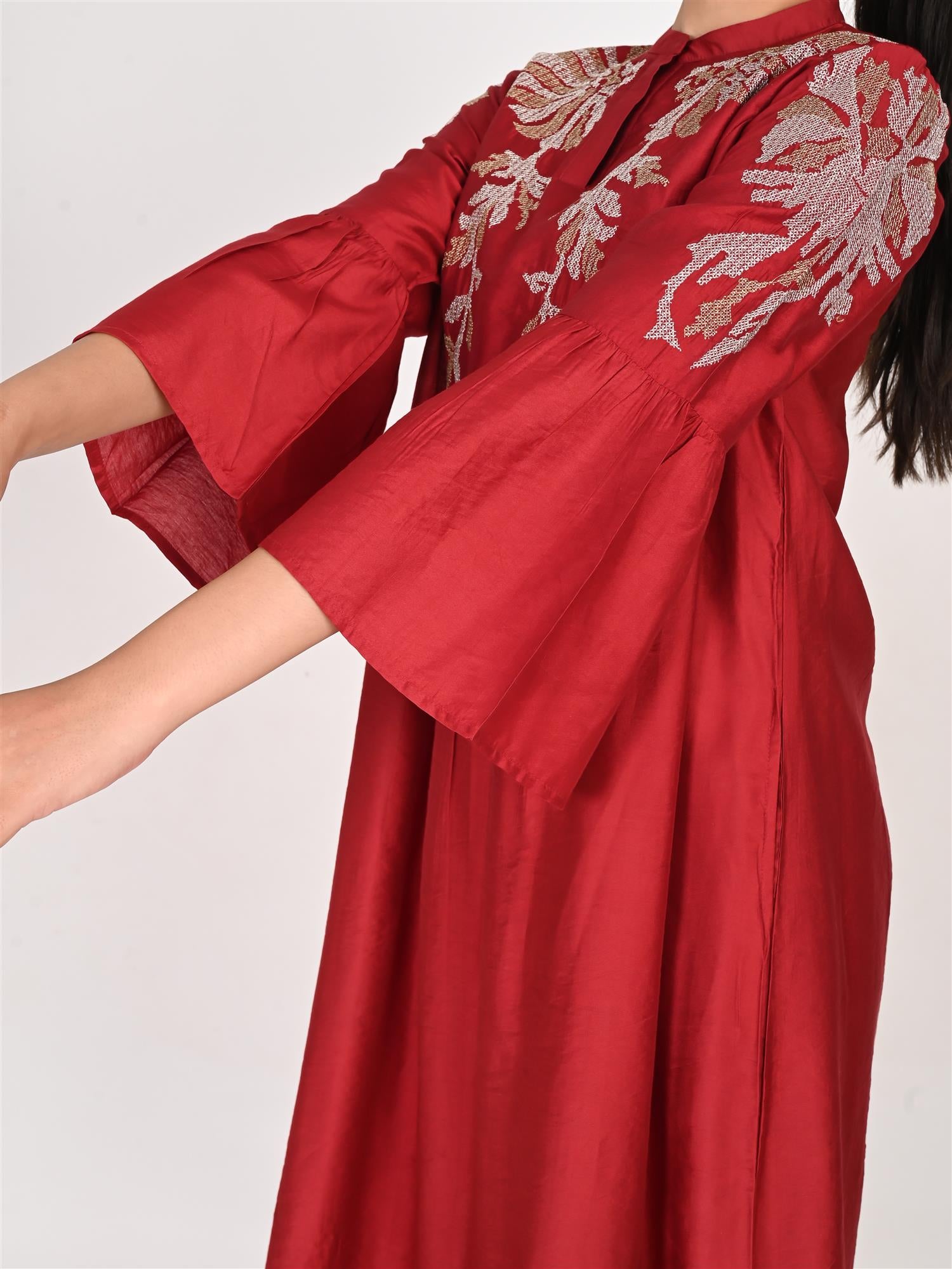 Maroon Elegance Satin Embroidered Long Dress