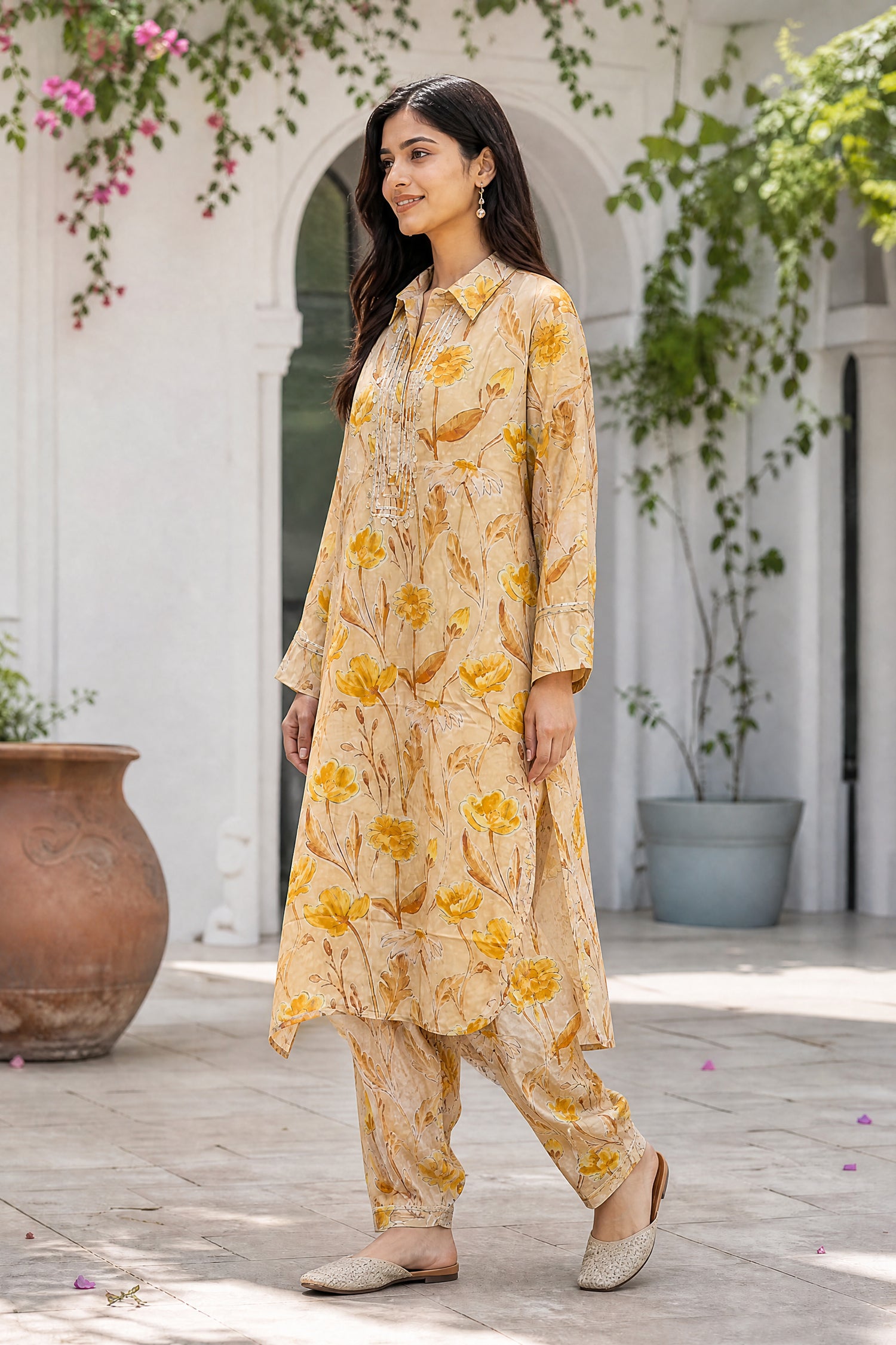 Yellow Floral Printed Kurta & Pant Co-Ord Set