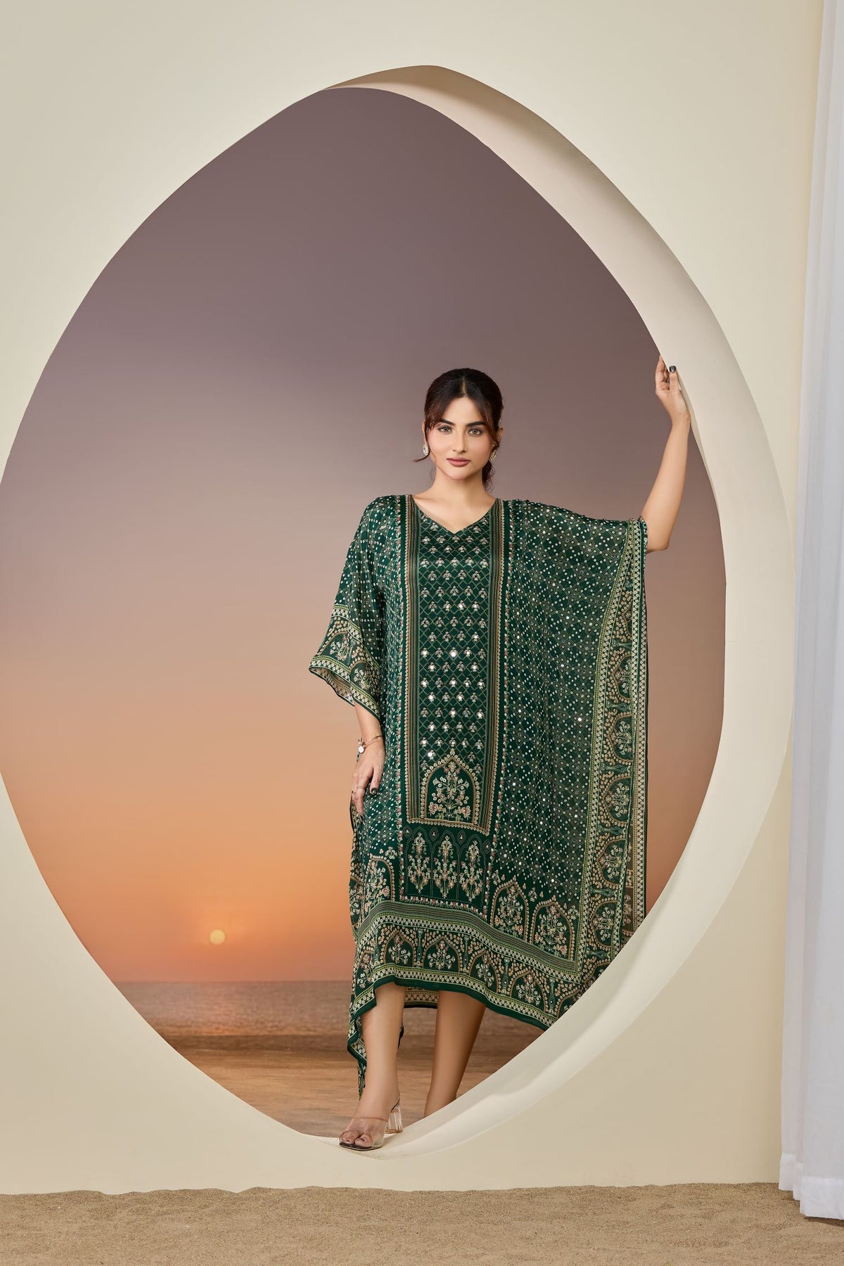 Green Bandhani Printed Long Kaftan