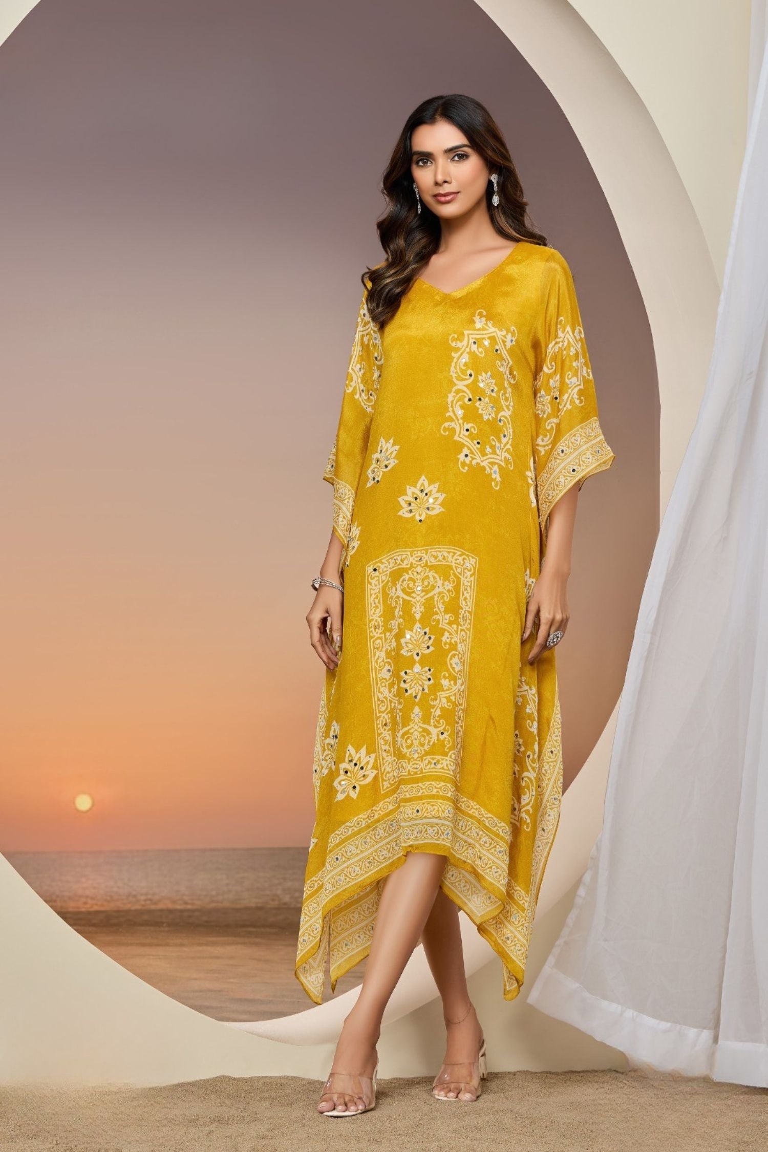 Long Yellow Chinon Silk Kaftan with Digital Print