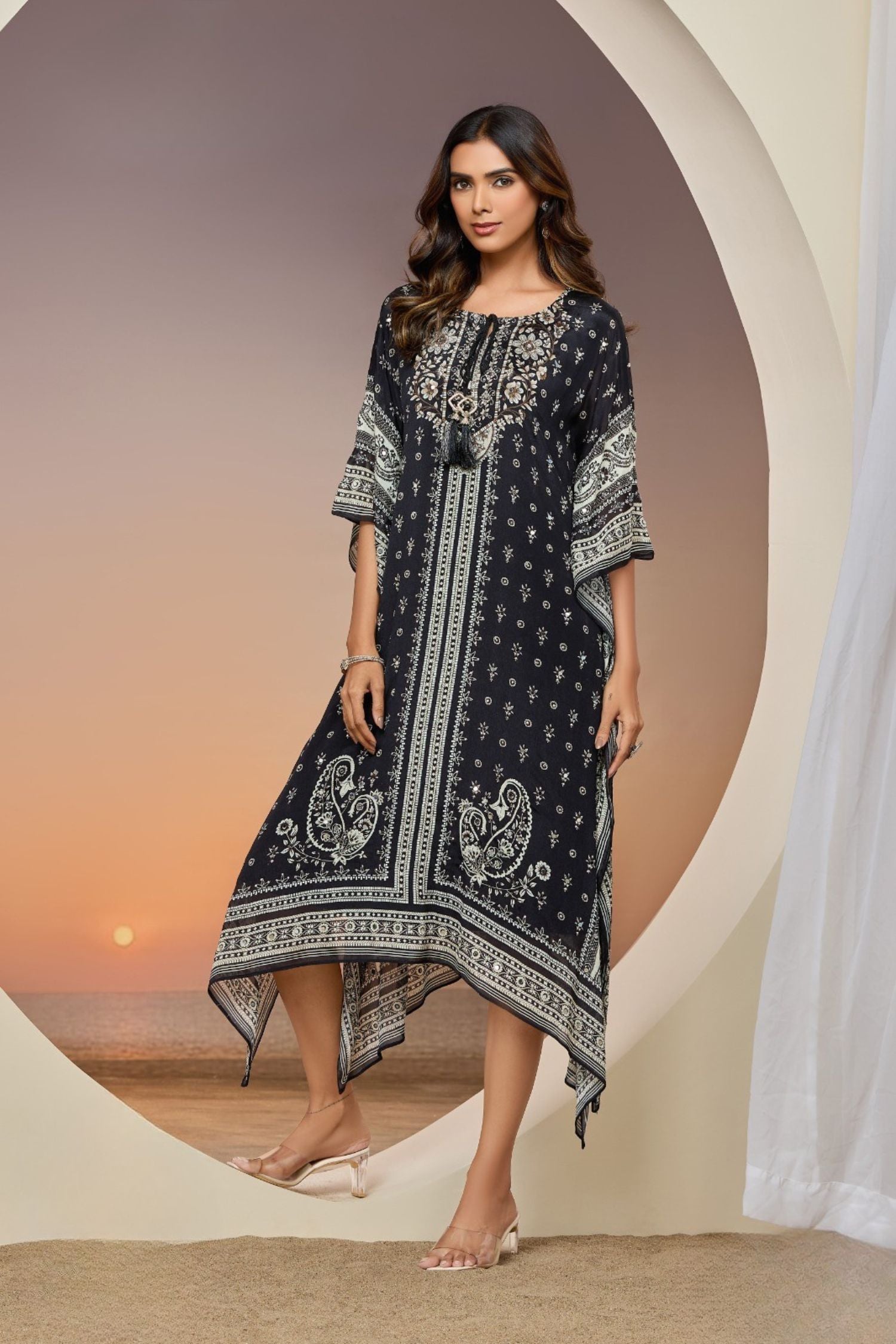 Black & White Printed Chinon Silk Long Kaftan