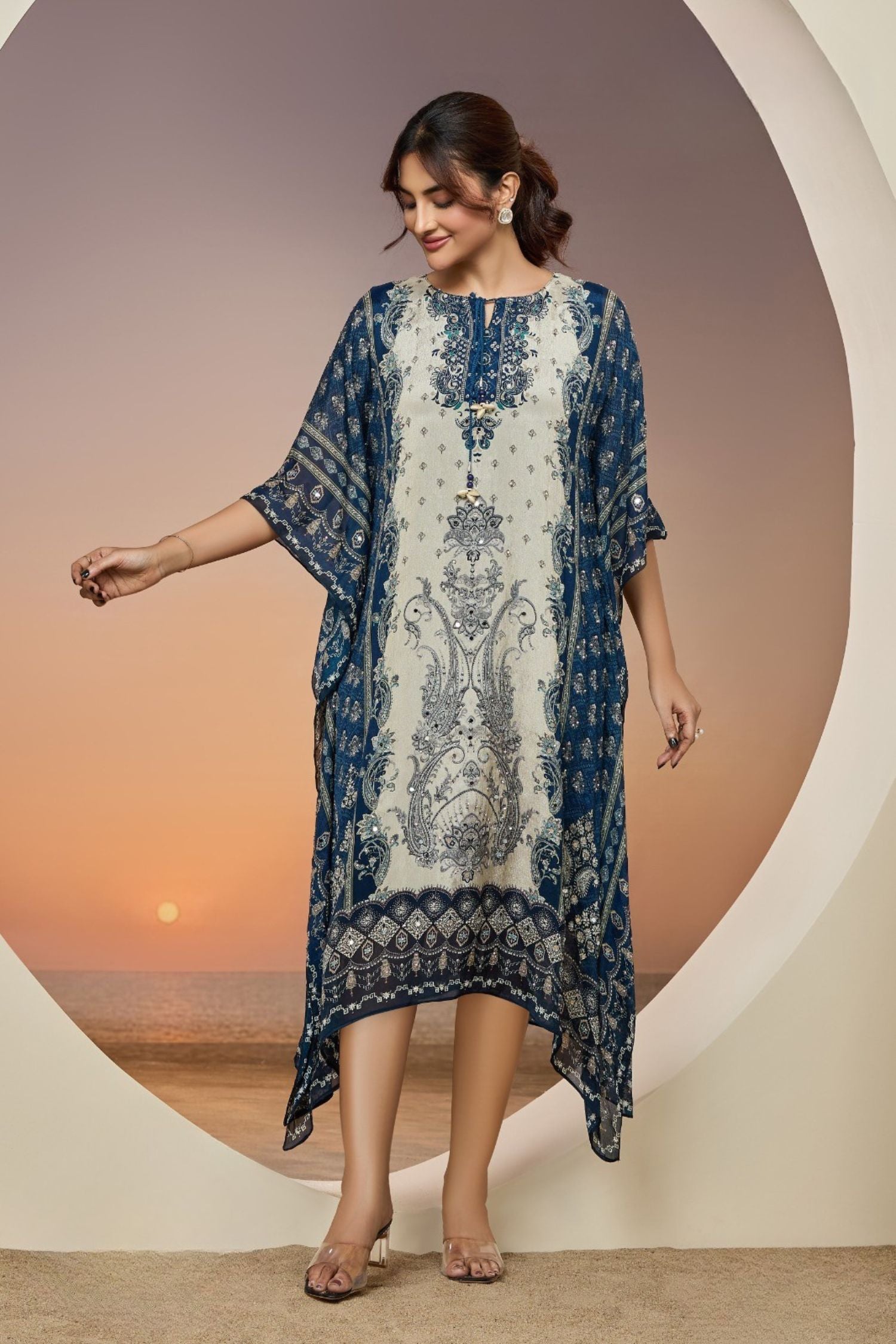Midnight Blue Chinon Silk Long Kaftan Dress
