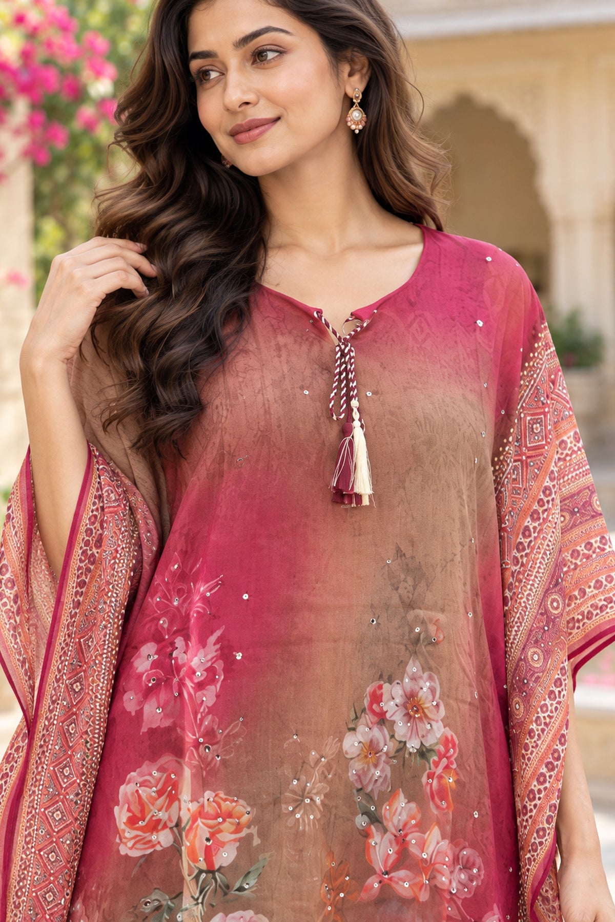 Onion Pink Mirror Embroidered Long Kaftan
