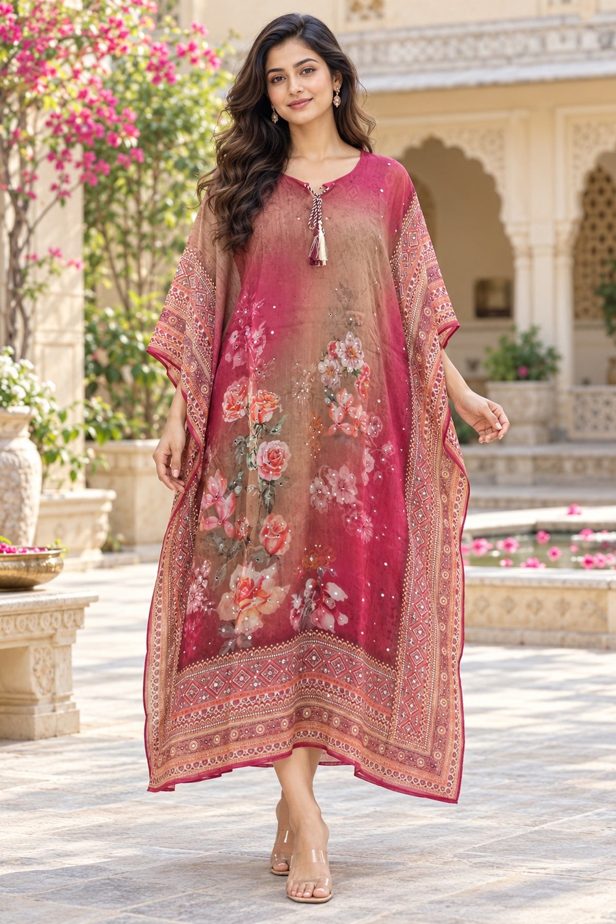 Onion Pink Mirror Embroidered Long Kaftan