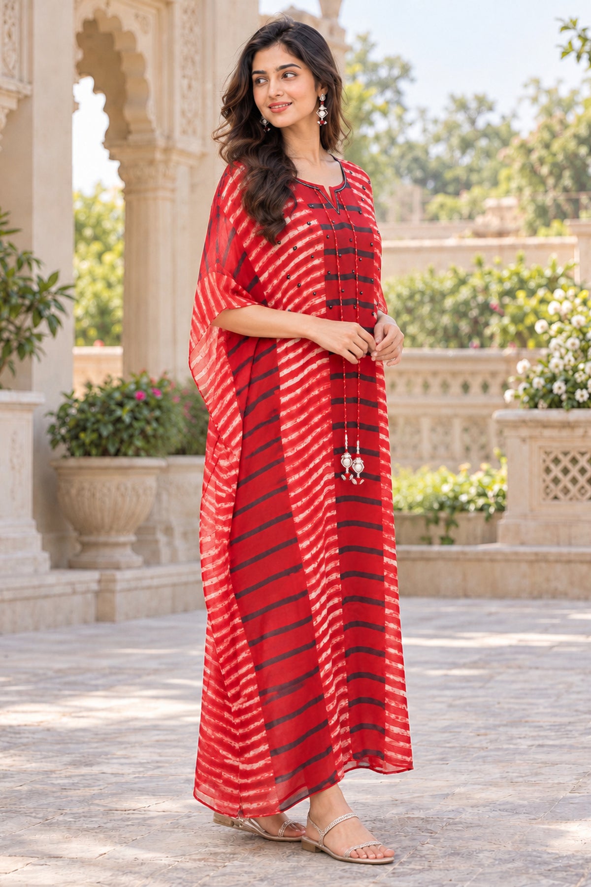 Maroon Printed Cotton Long Kaftan