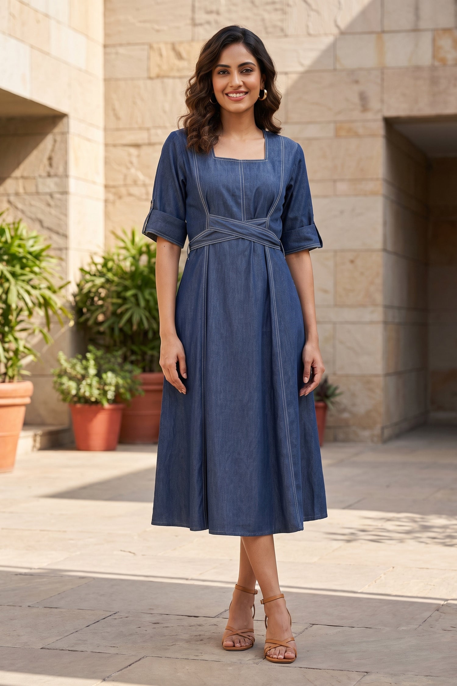 Indigo Blue Cotton Denim Long Dress