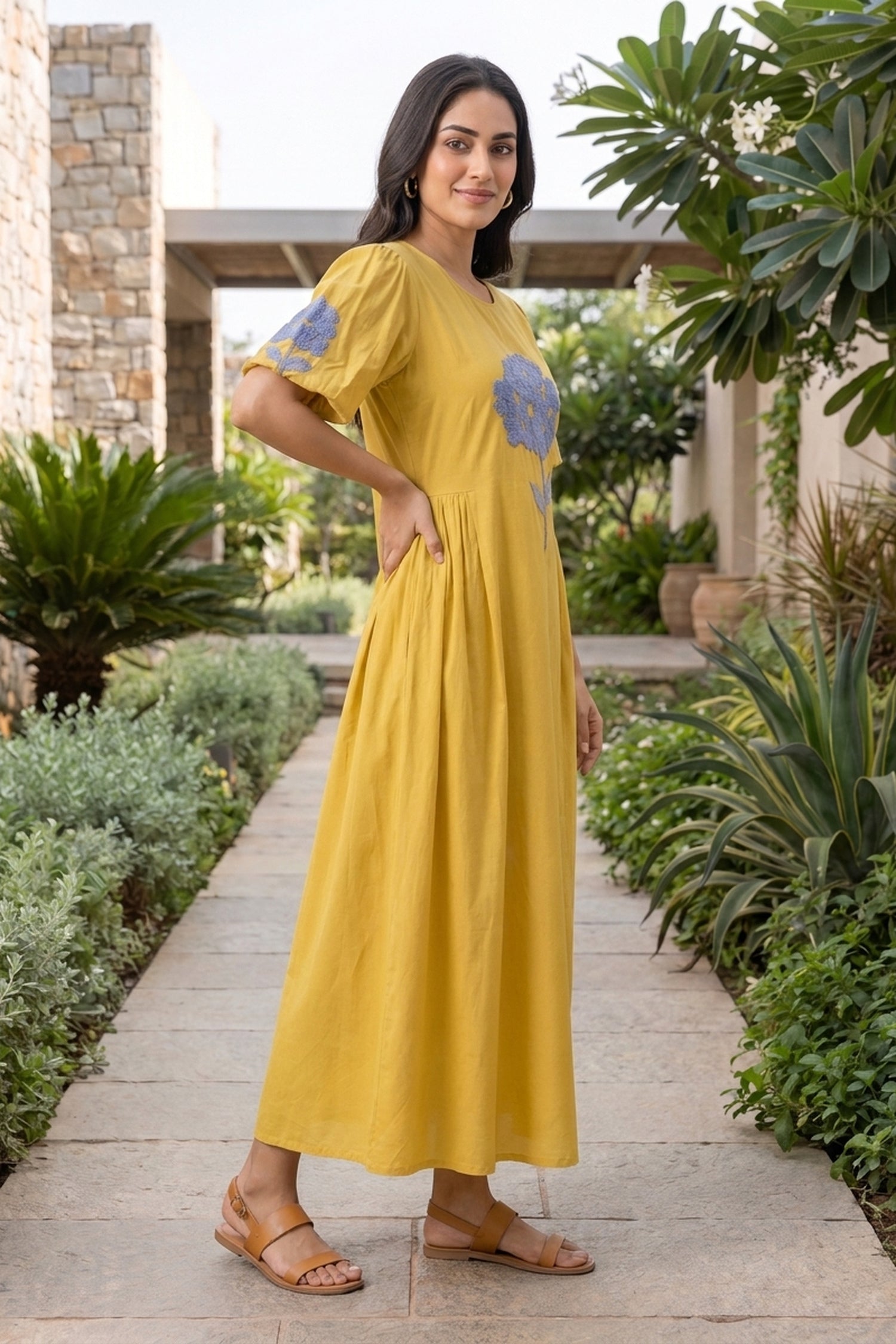 Sunshine Yellow Dress with Blue Floral Embroidery