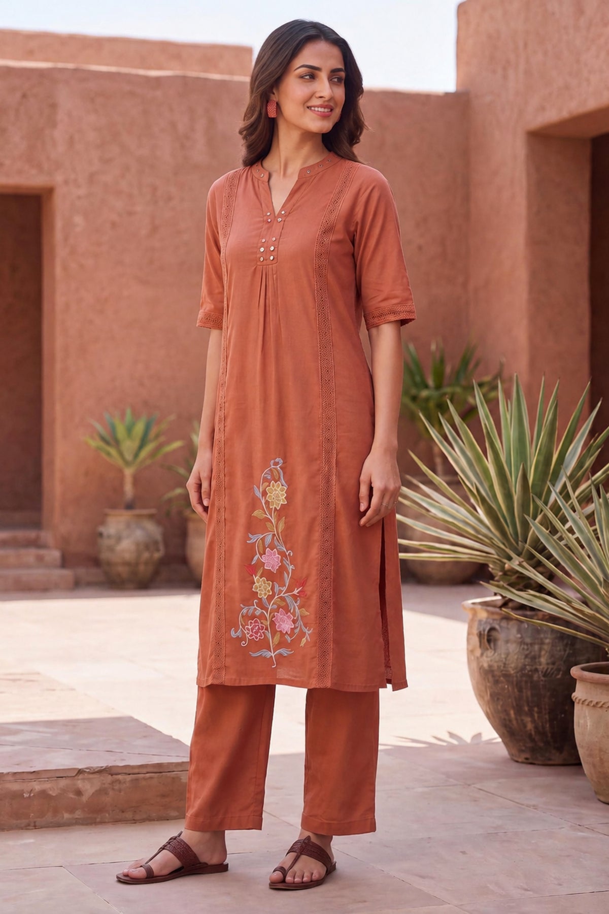 Teracotta Floral Embroidered Straight Kurta Cotton Co-Ord Set