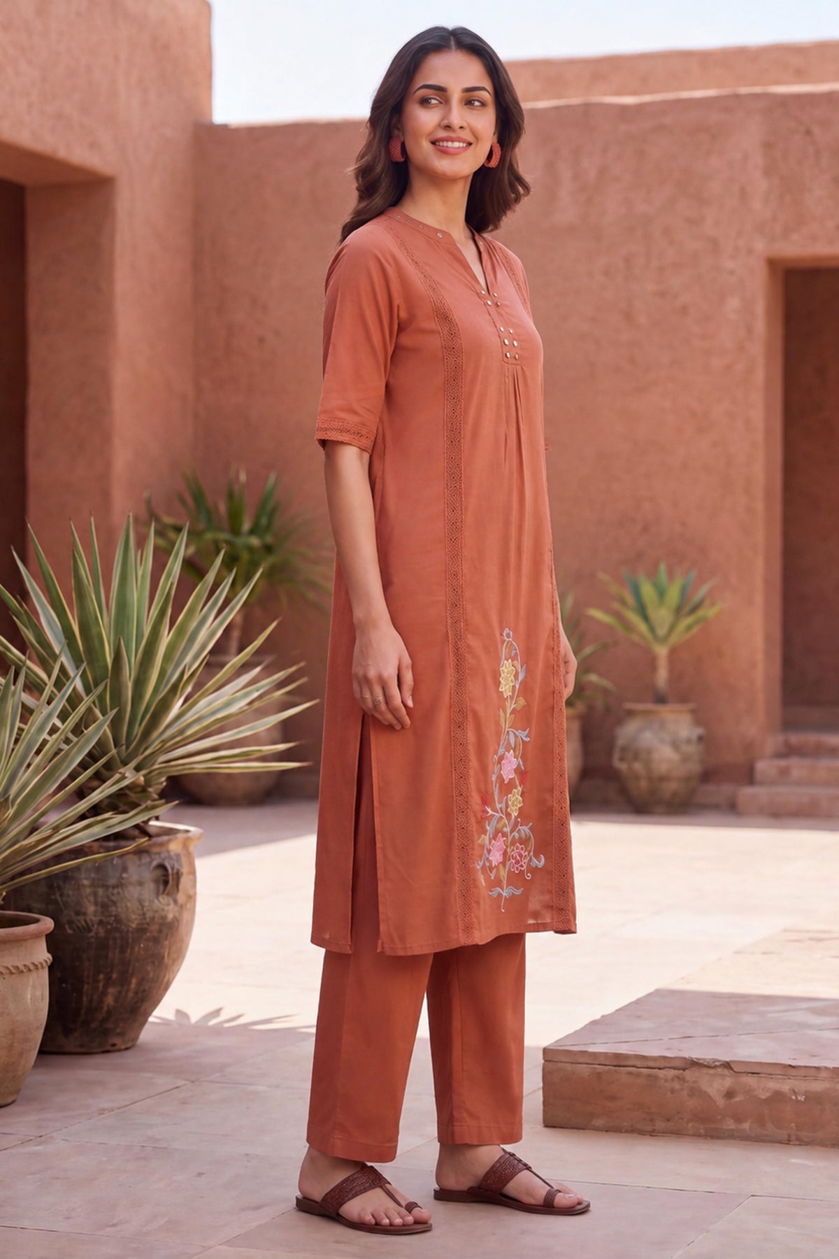 Teracotta Floral Embroidered Straight Kurta Cotton Co-Ord Set