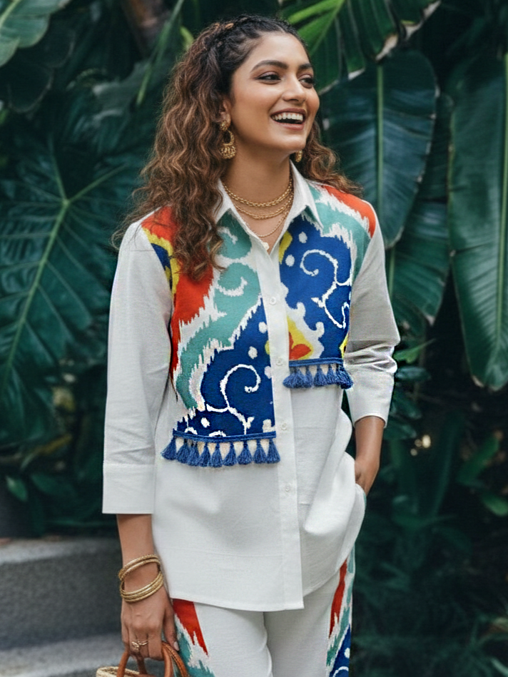 White Cotton Co-ord Set with Ikat-Inspired Panel Design & Shirt Collar