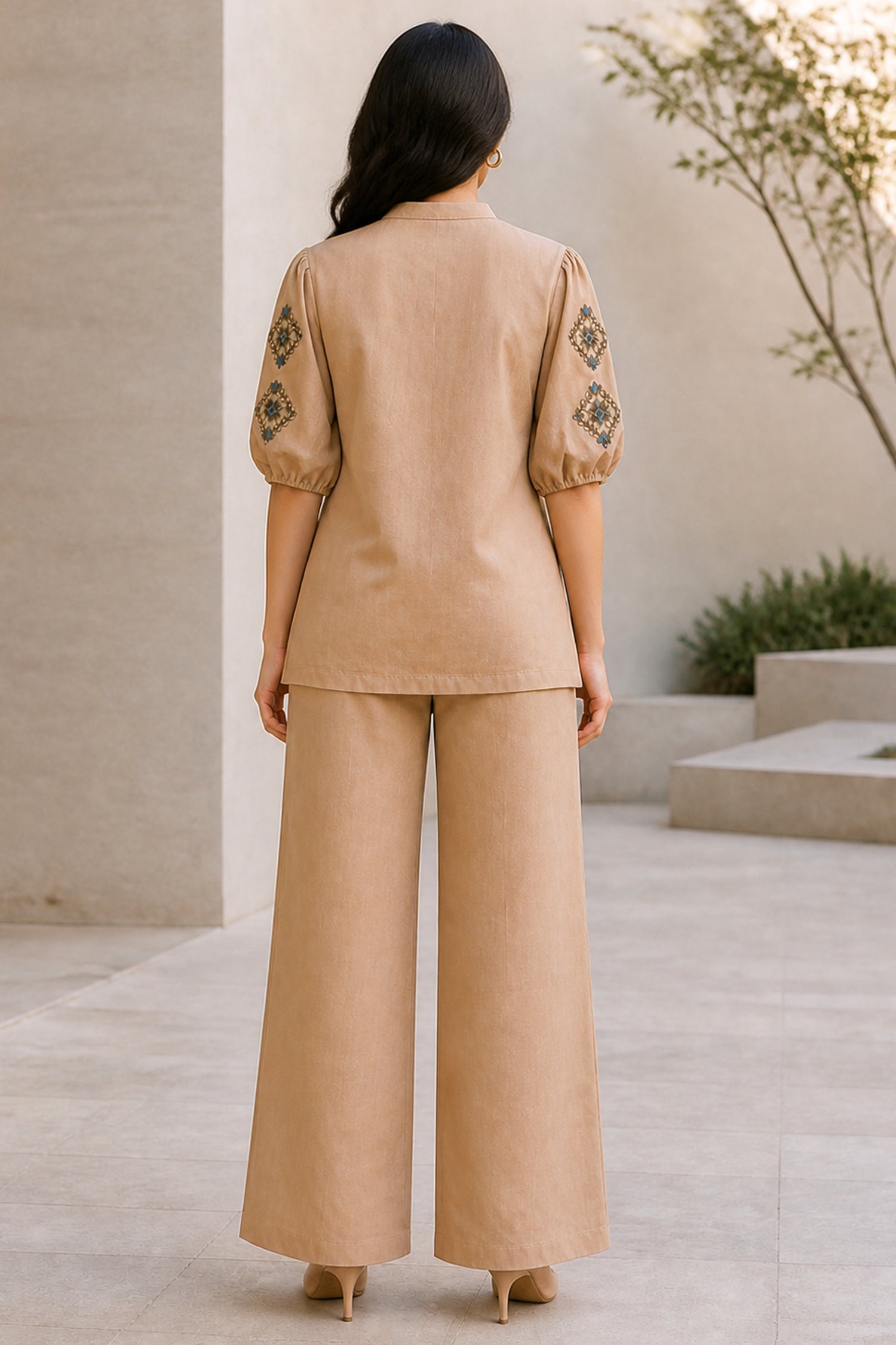 Stylish Beige Embroidered Puff Sleeve Cotton Co-Ord Set