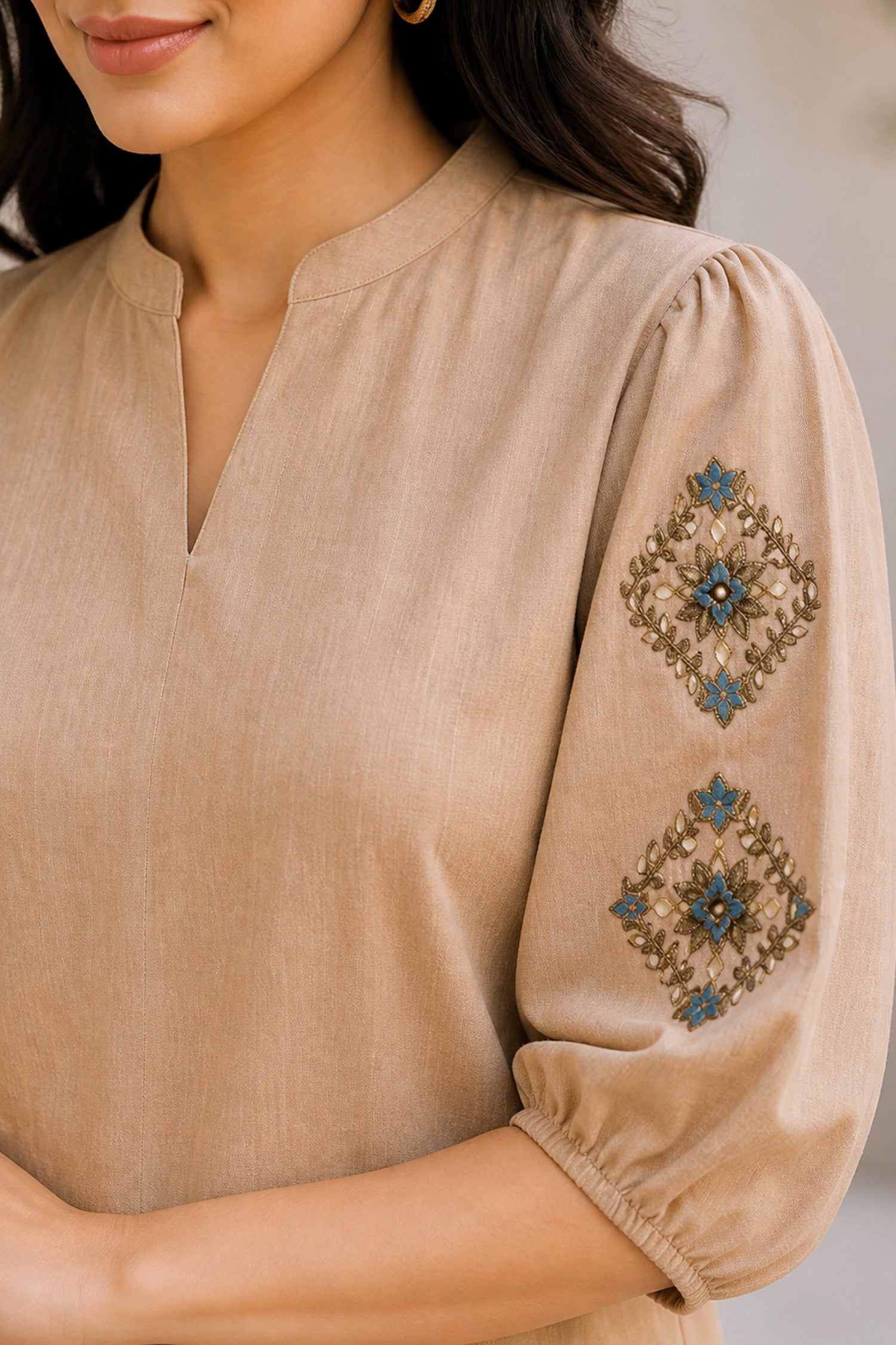 Stylish Beige Embroidered Puff Sleeve Cotton Co-Ord Set