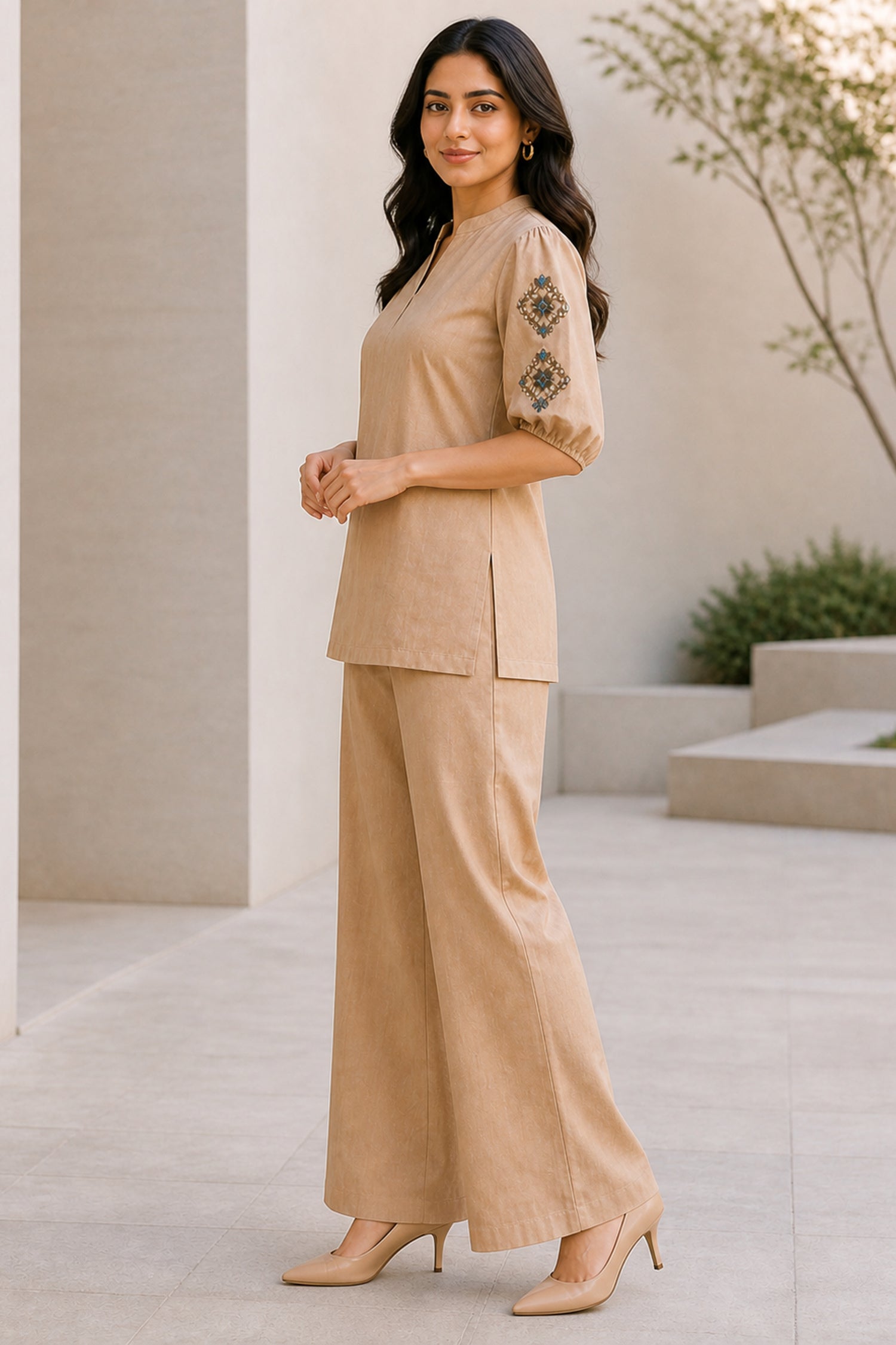 Stylish Beige Embroidered Puff Sleeve Cotton Co-Ord Set