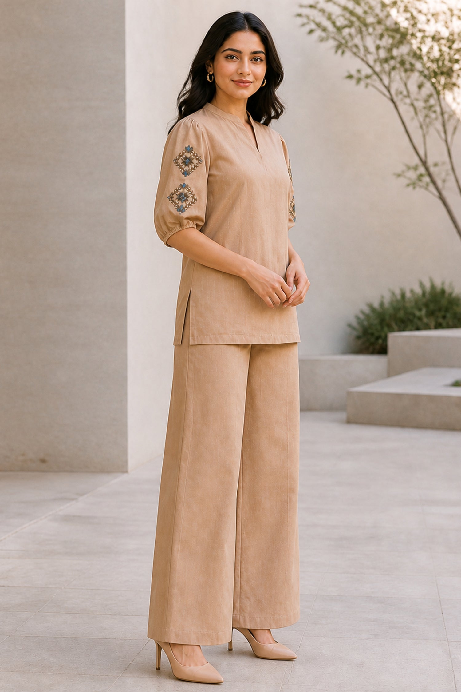Stylish Beige Embroidered Puff Sleeve Cotton Co-Ord Set