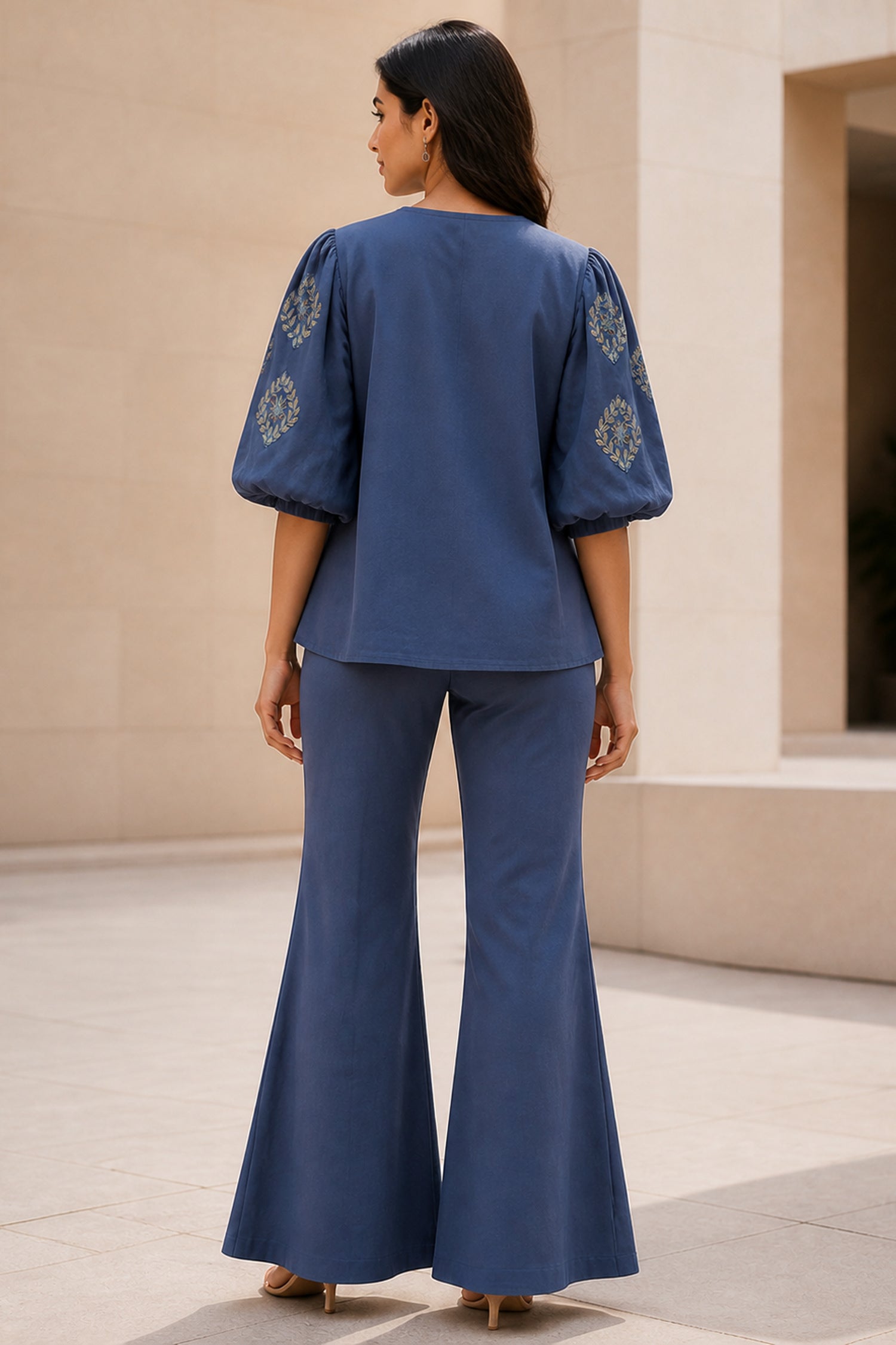 Blue Embroidered Puff Sleeve Cotton Co-Ord Set
