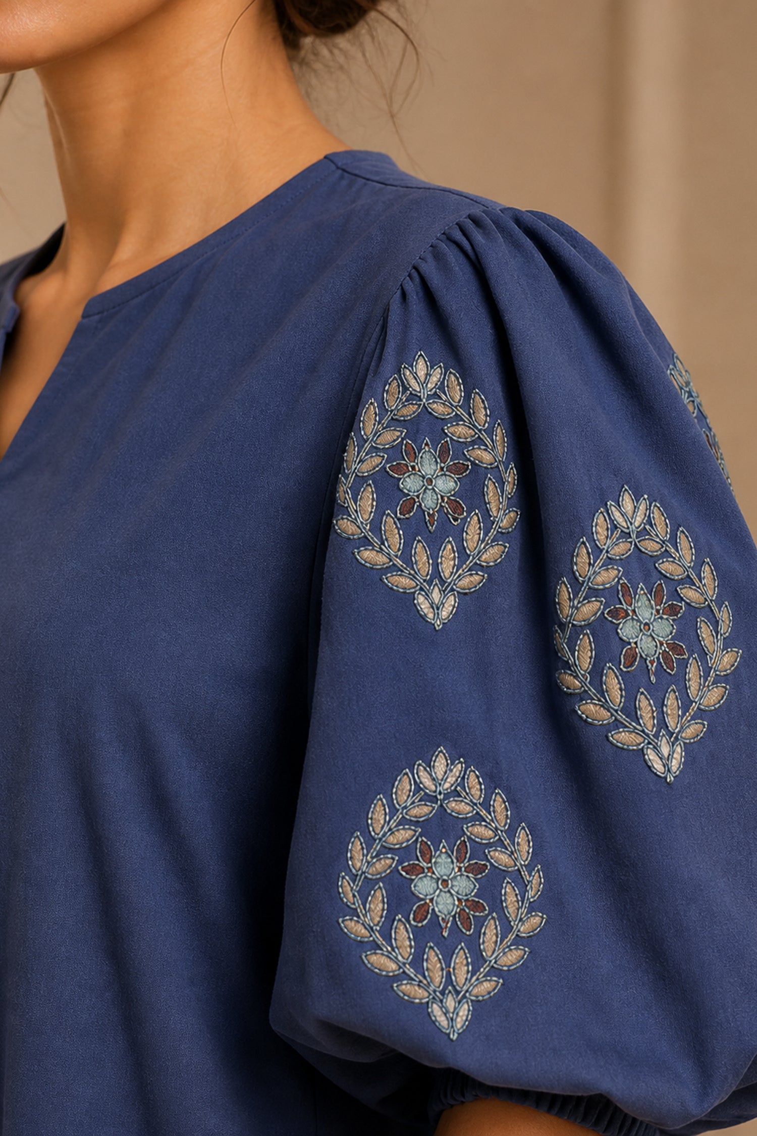 Blue Embroidered Puff Sleeve Cotton Co-Ord Set