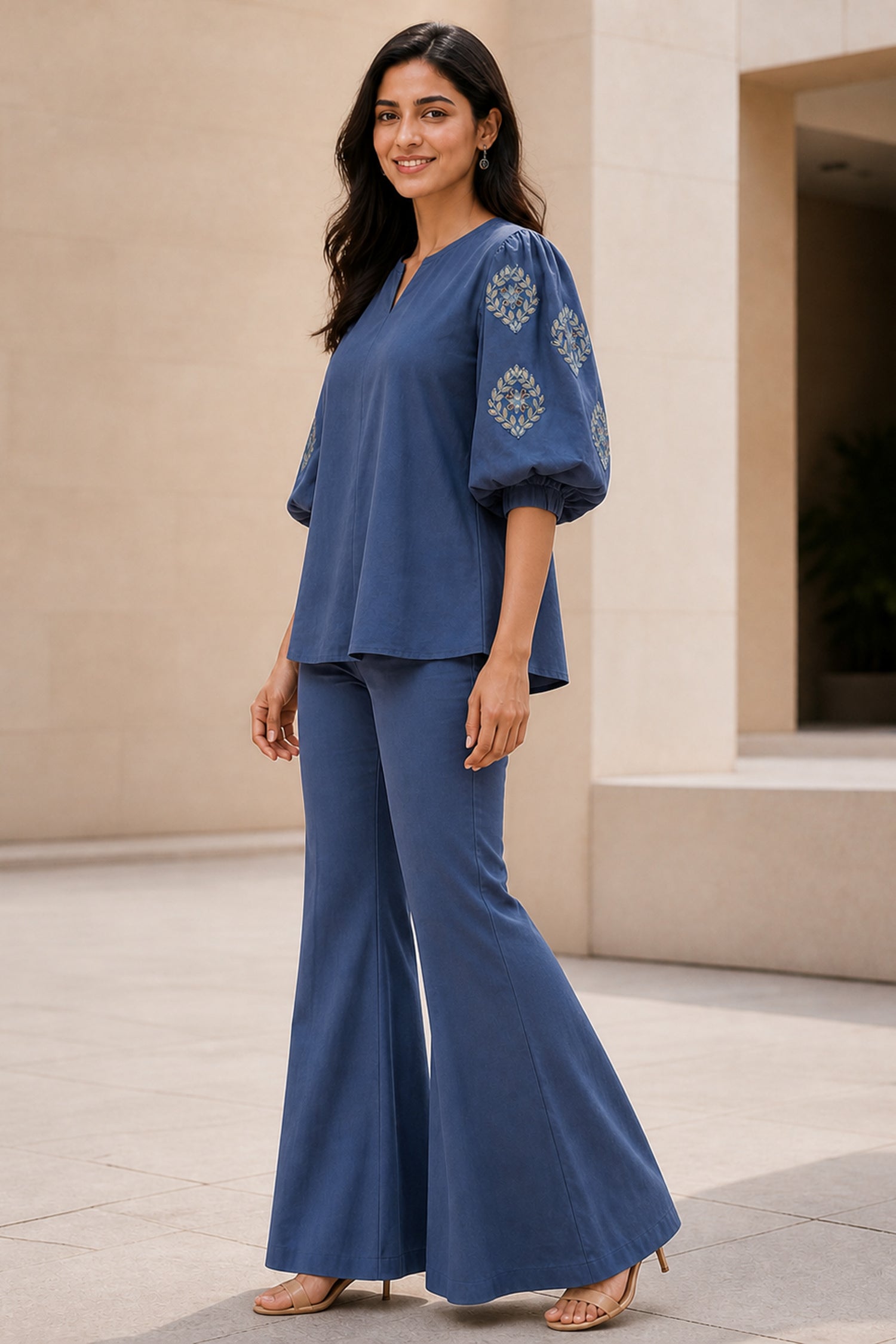 Blue Embroidered Puff Sleeve Cotton Co-Ord Set