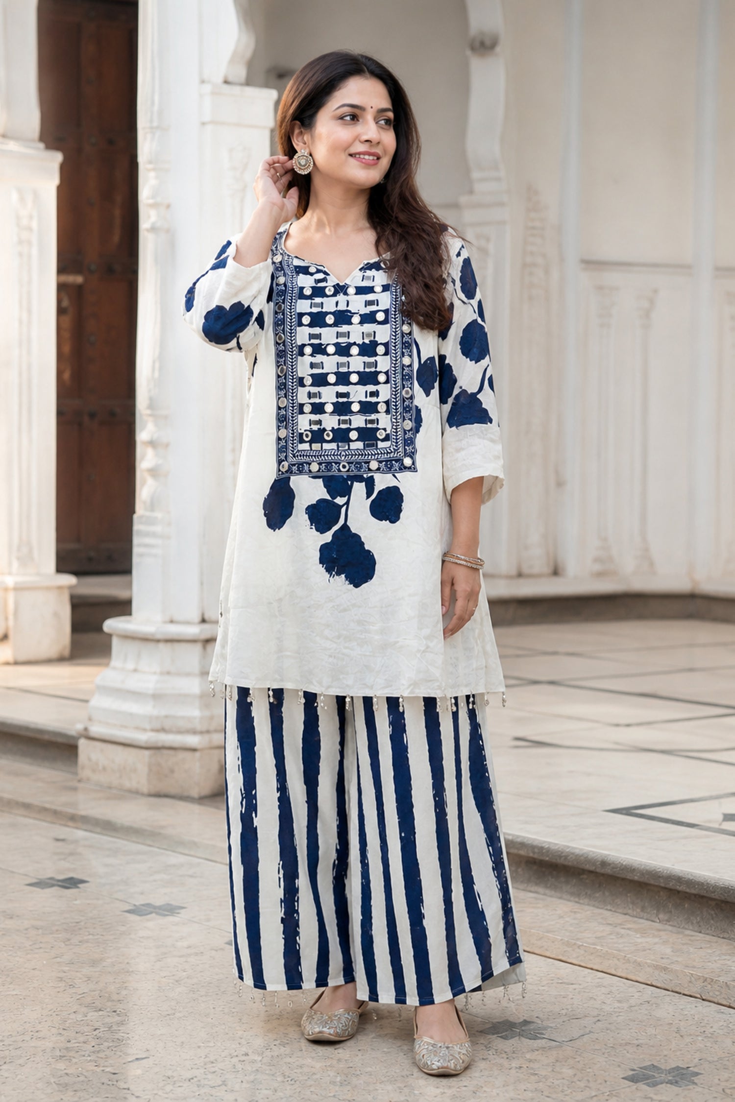 White & Indigo Floral Crepe Co-Ord Set