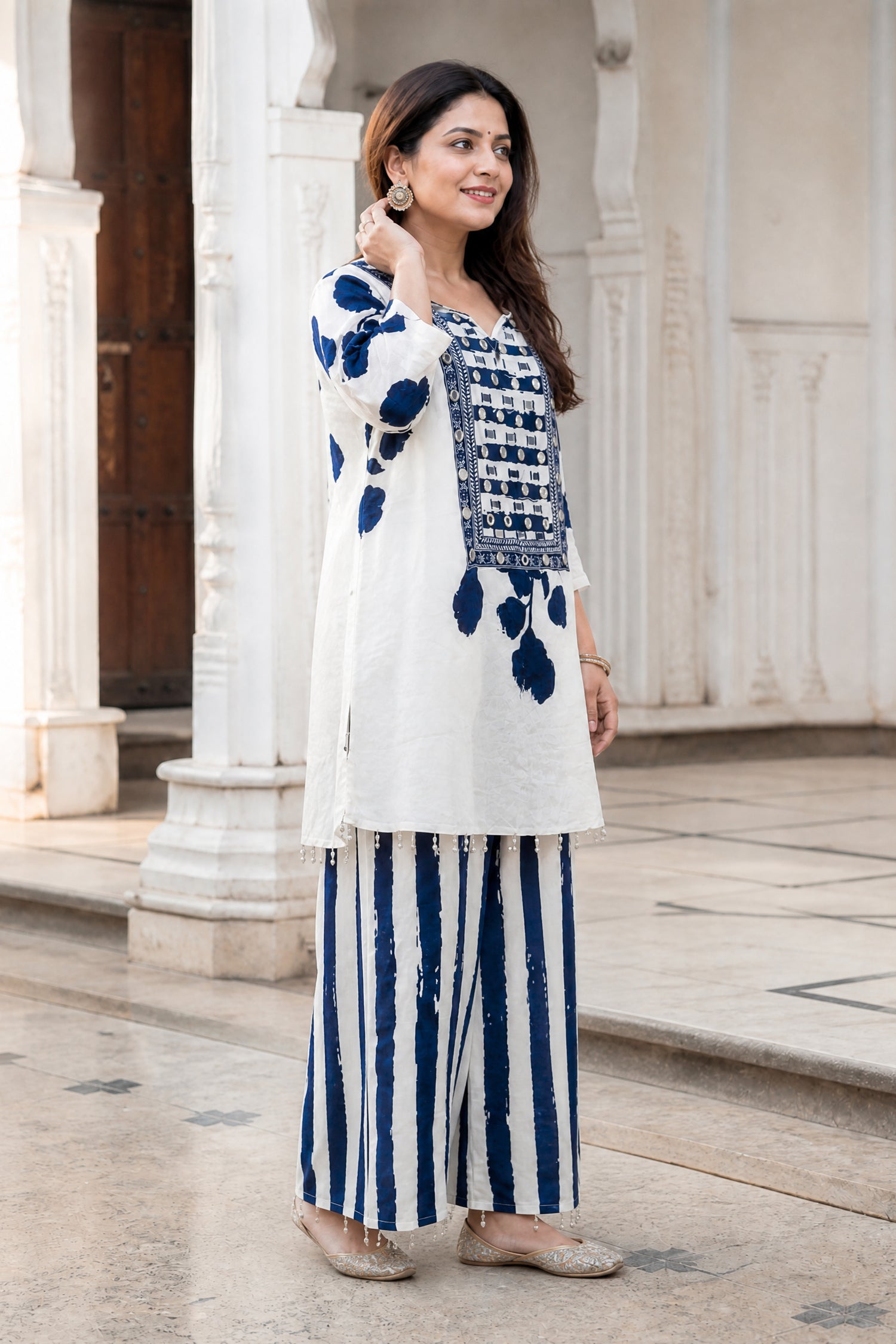 White & Indigo Floral Crepe Co-Ord Set