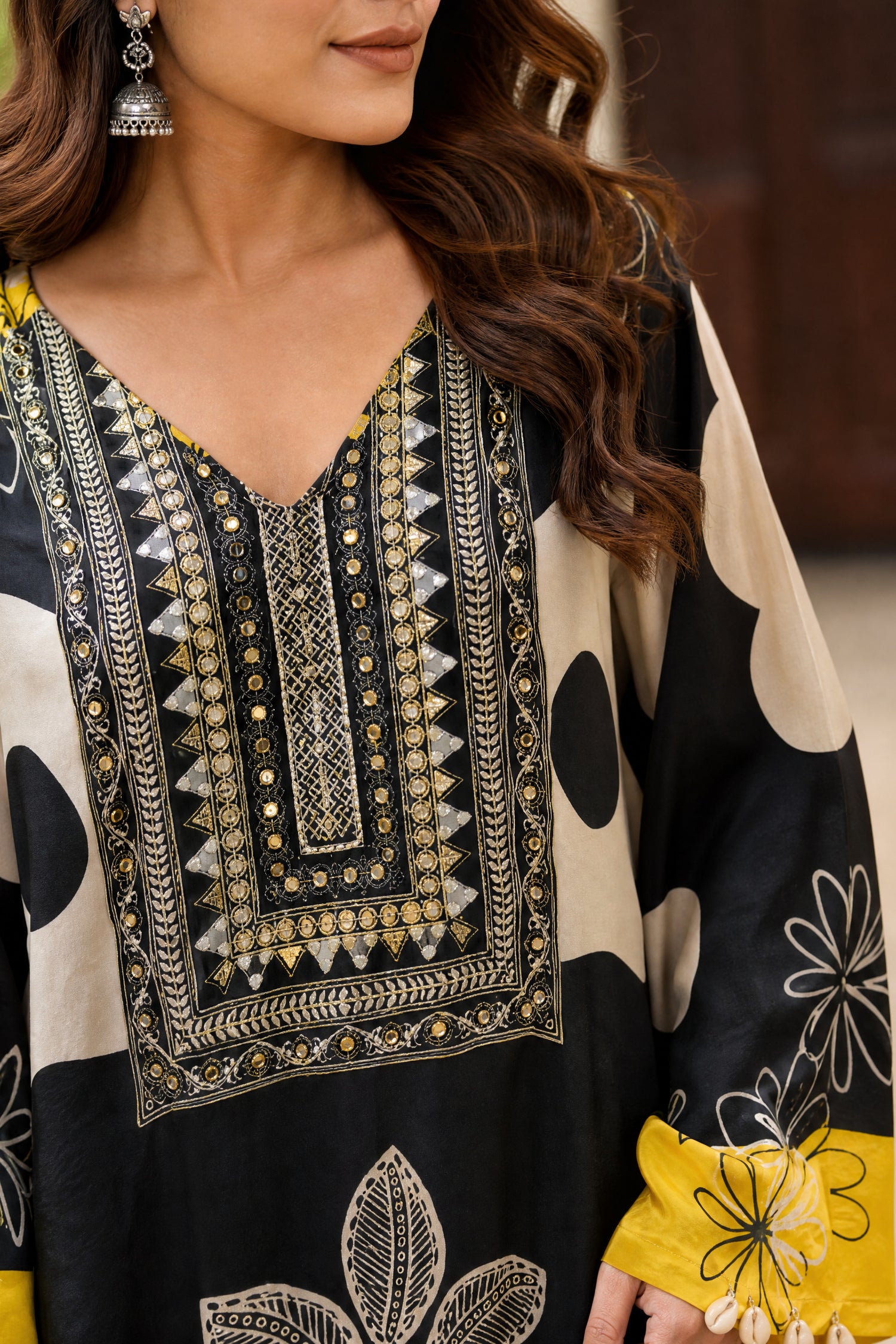 Embroidered Black & Yellow Printed Kurta Co-Ord Set