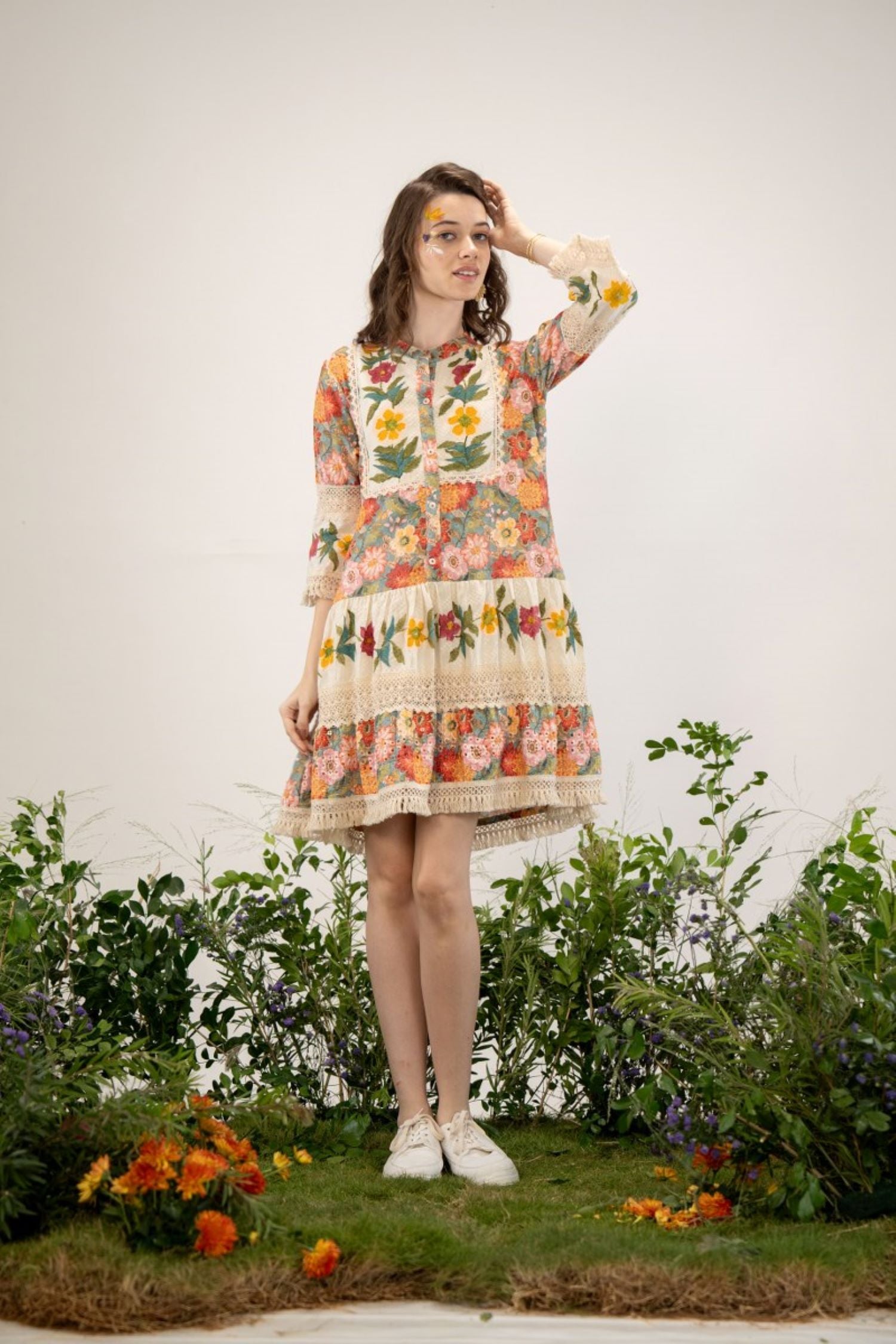 BELL SLEEVES PINK EMBROIDERED A-LINE TUNIC DRESS