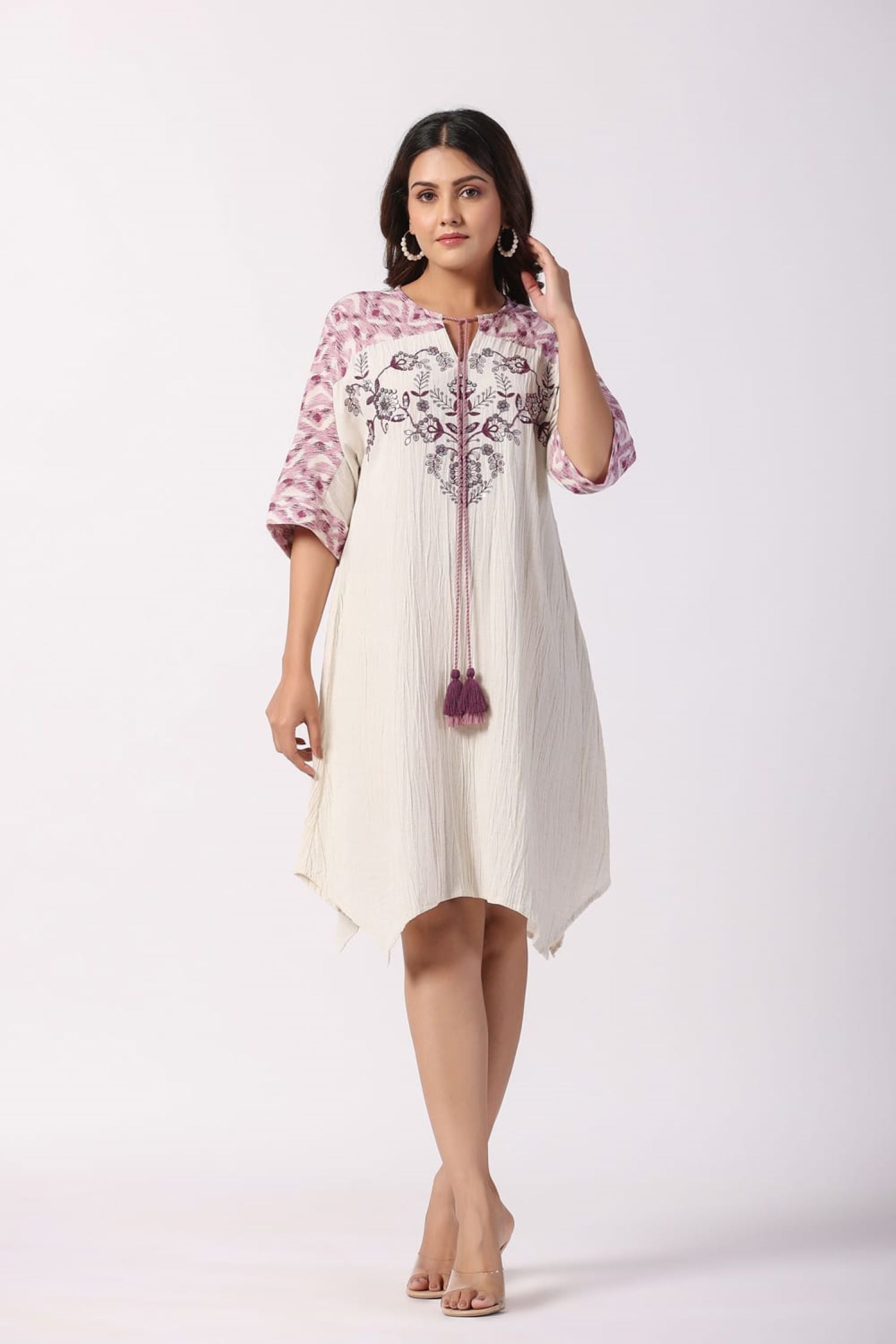 BOHO CHIC A-LINE PURPLE EMBROIDERED FLORAL SHORT TUNIC DRESS