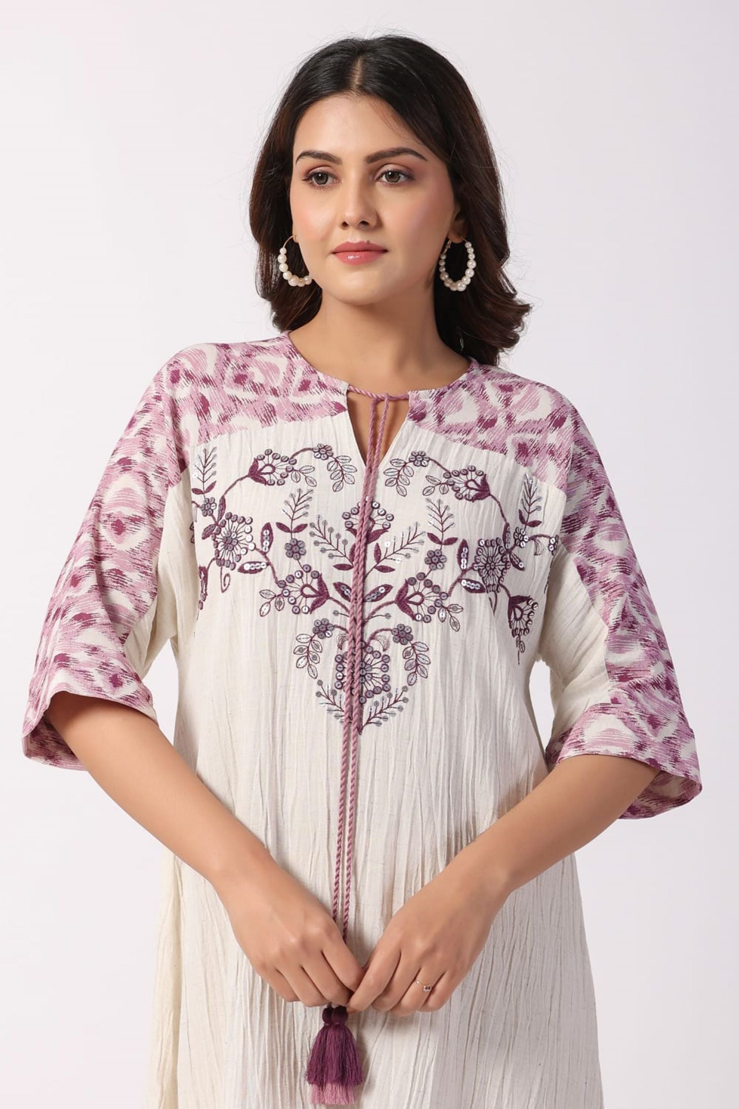 BOHO CHIC A-LINE PURPLE EMBROIDERED FLORAL SHORT TUNIC DRESS