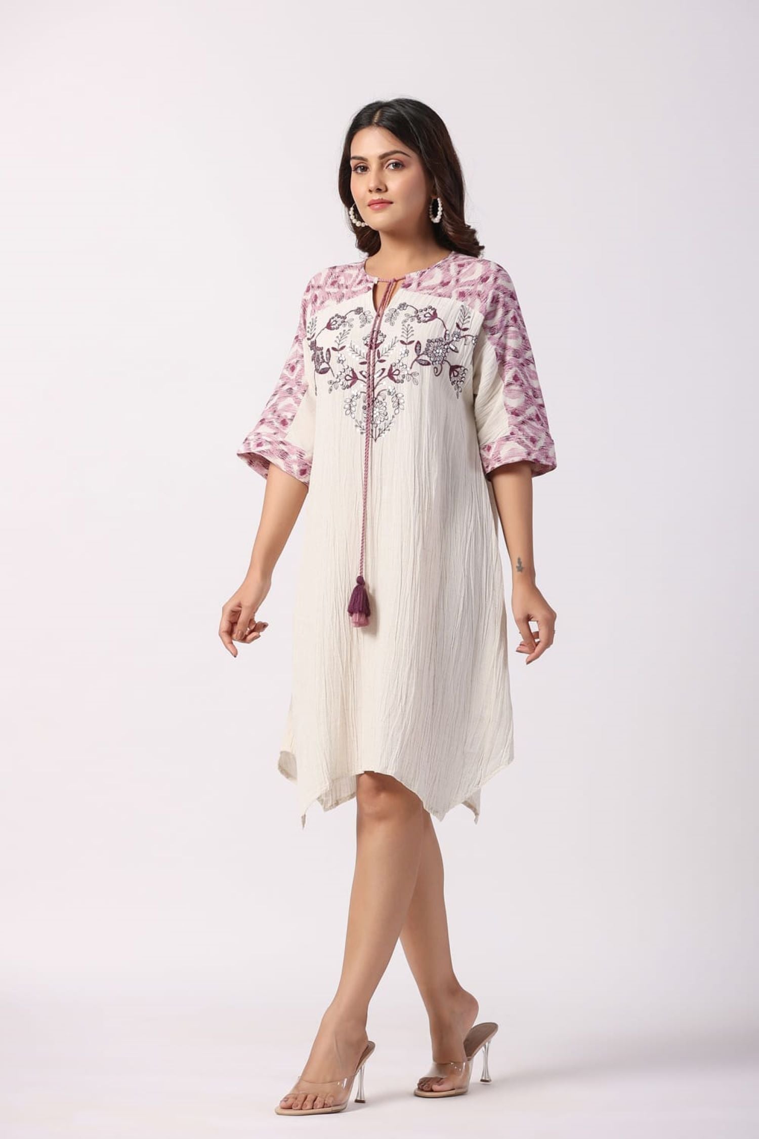 BOHO CHIC A-LINE PURPLE EMBROIDERED FLORAL SHORT TUNIC DRESS