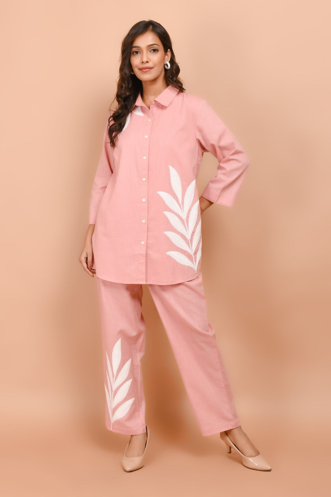 Pink Breeze White Leaf Embroidered Co-Ord Set