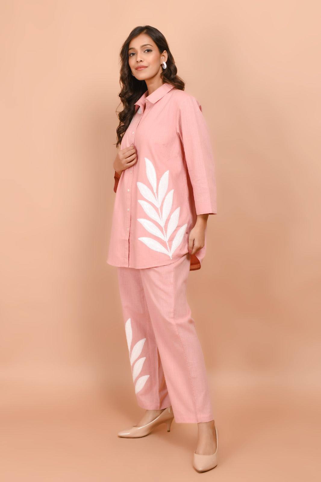Pink Breeze White Leaf Embroidered Co-Ord Set