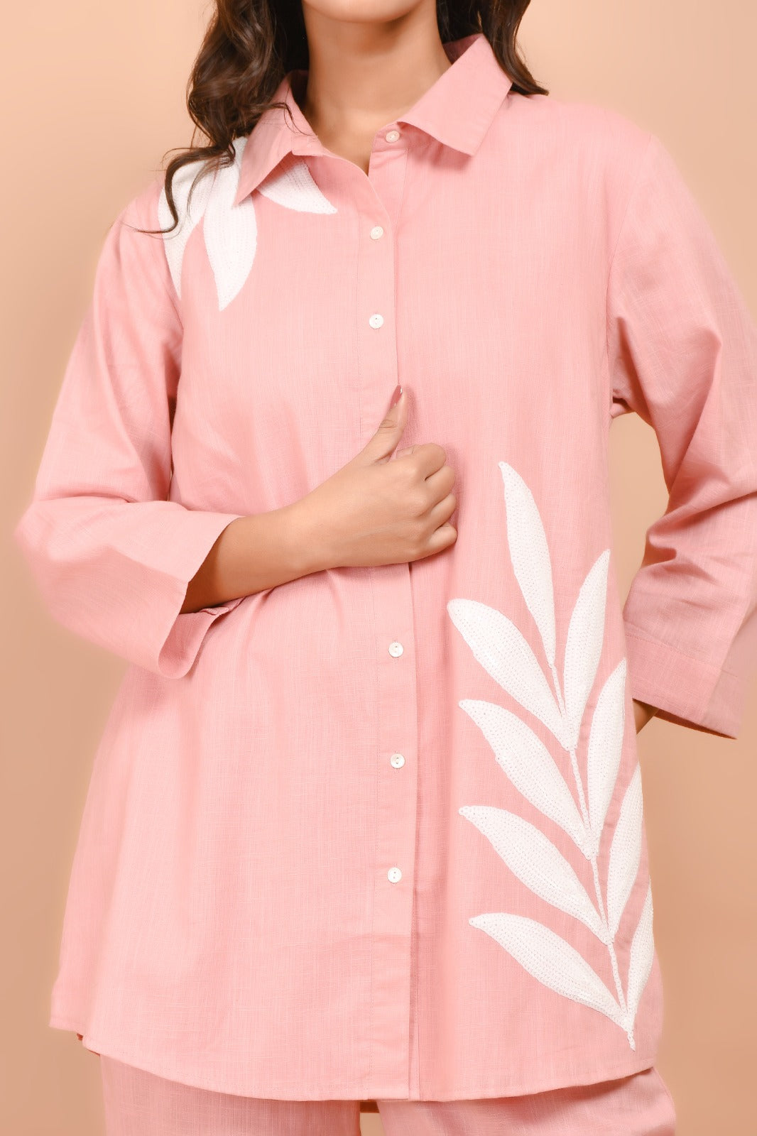 Pink Breeze White Leaf Embroidered Co-Ord Set