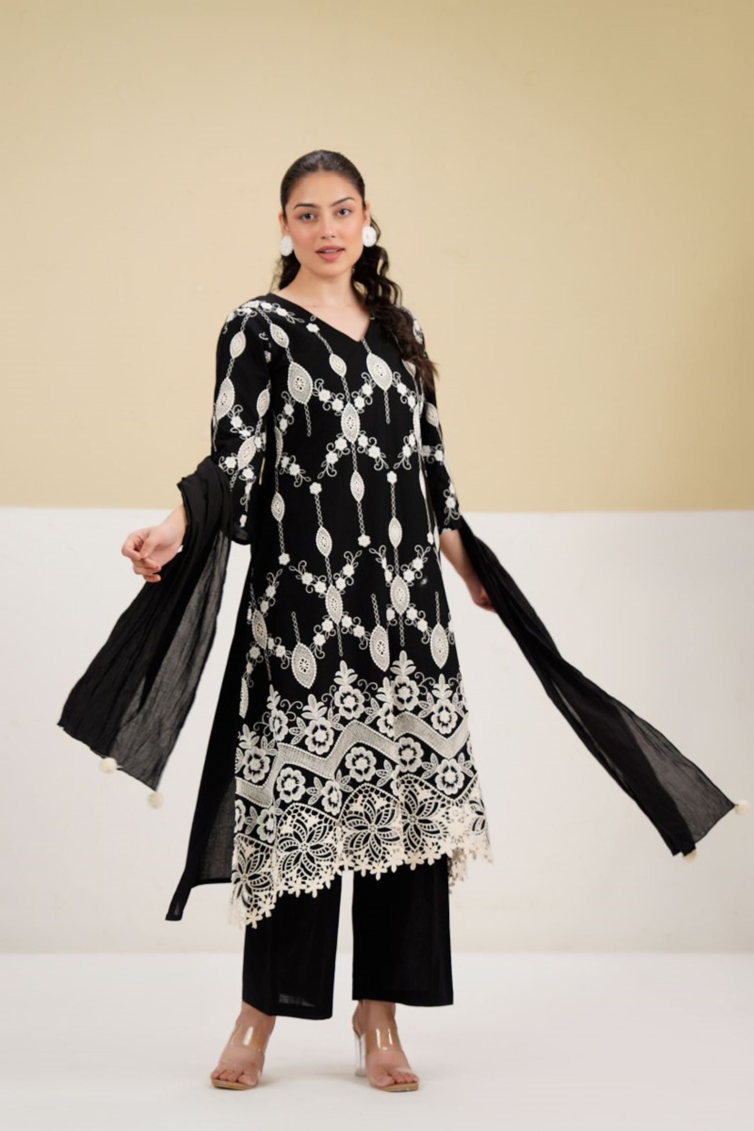 Cotton Embroidered Dupatta Set in Black.