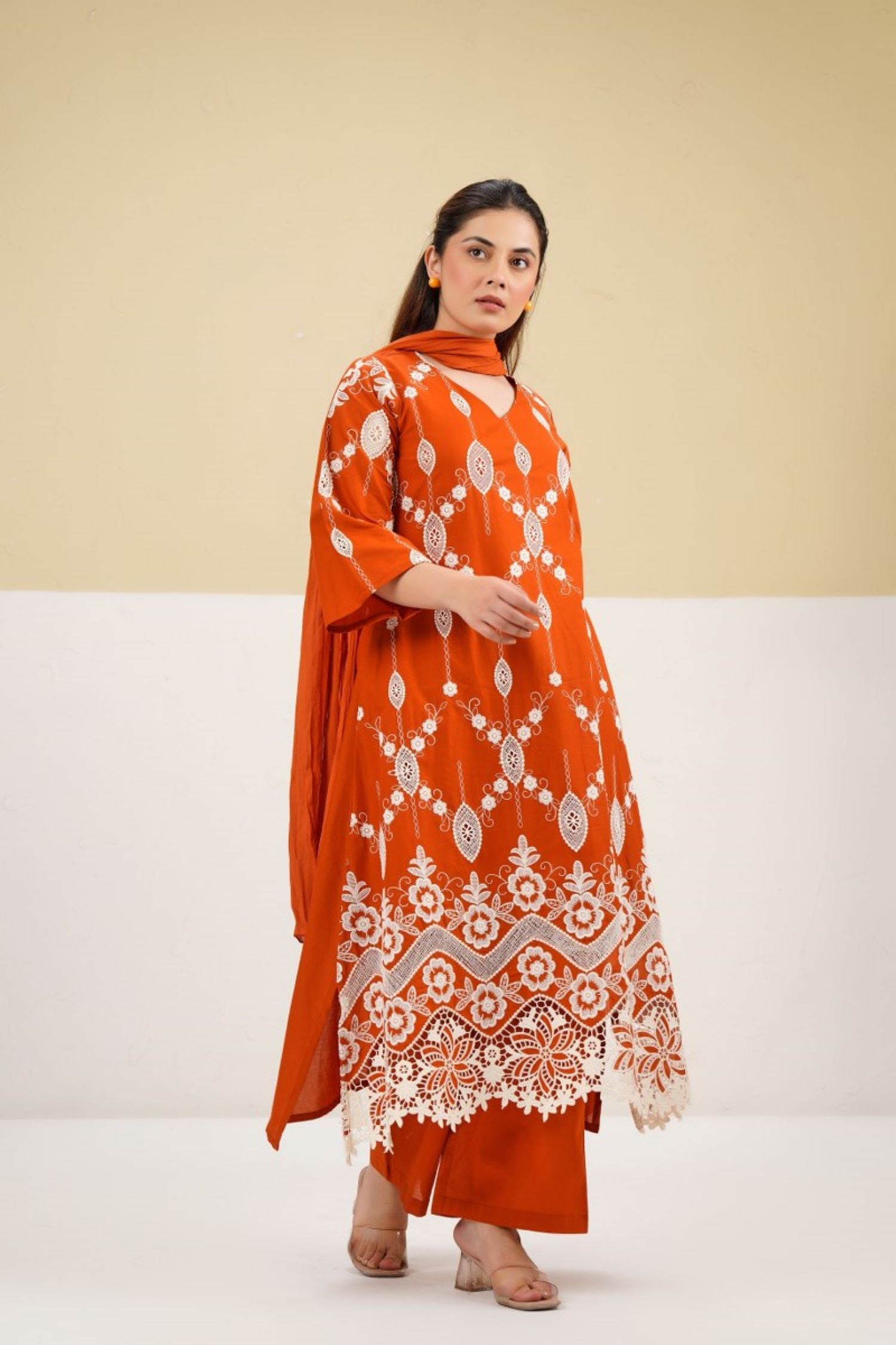 Cotton Embroidered Dupatta Set in Orange.