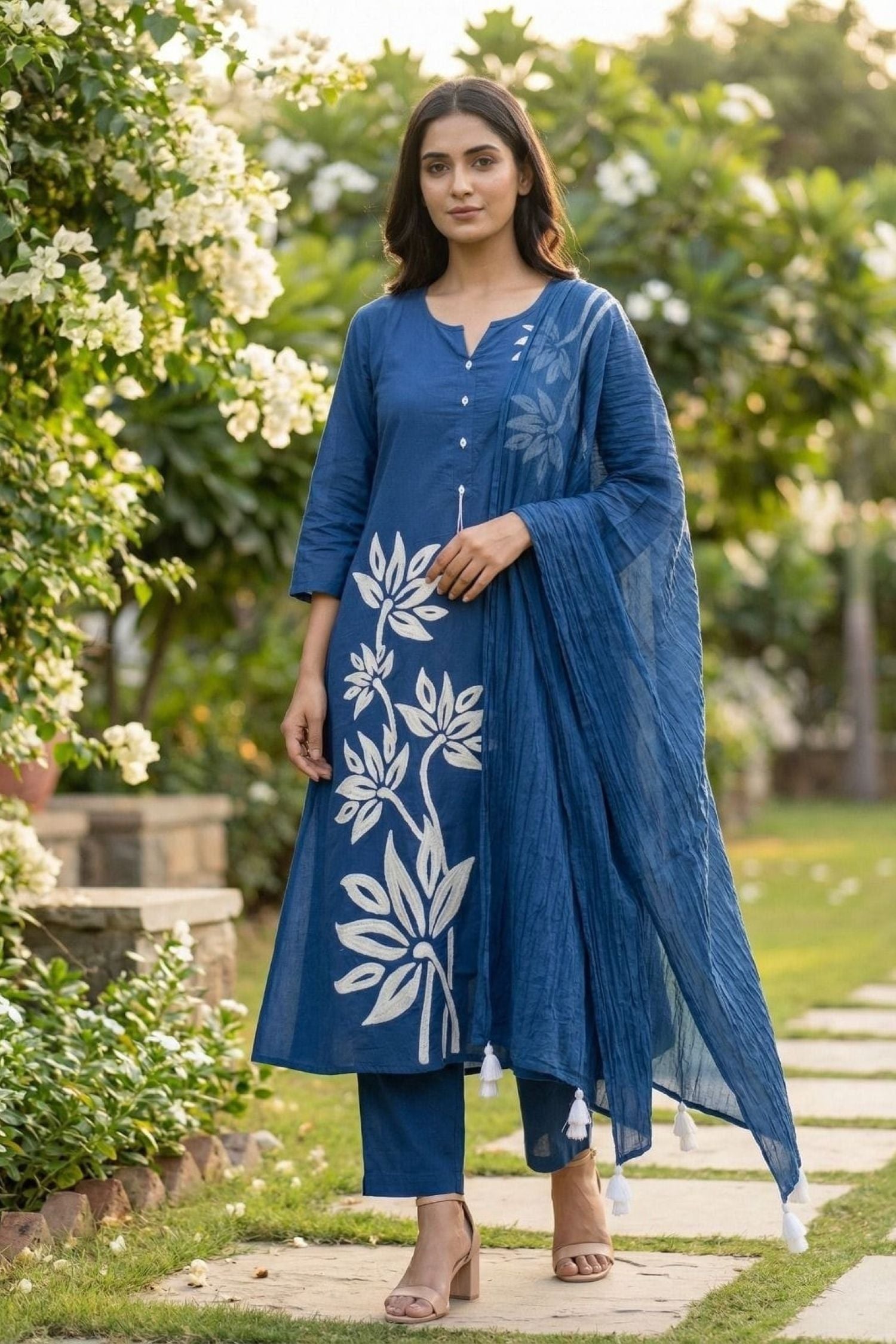 Blue Cotton Three-Piece Set with Minimal Work in Straight Cut