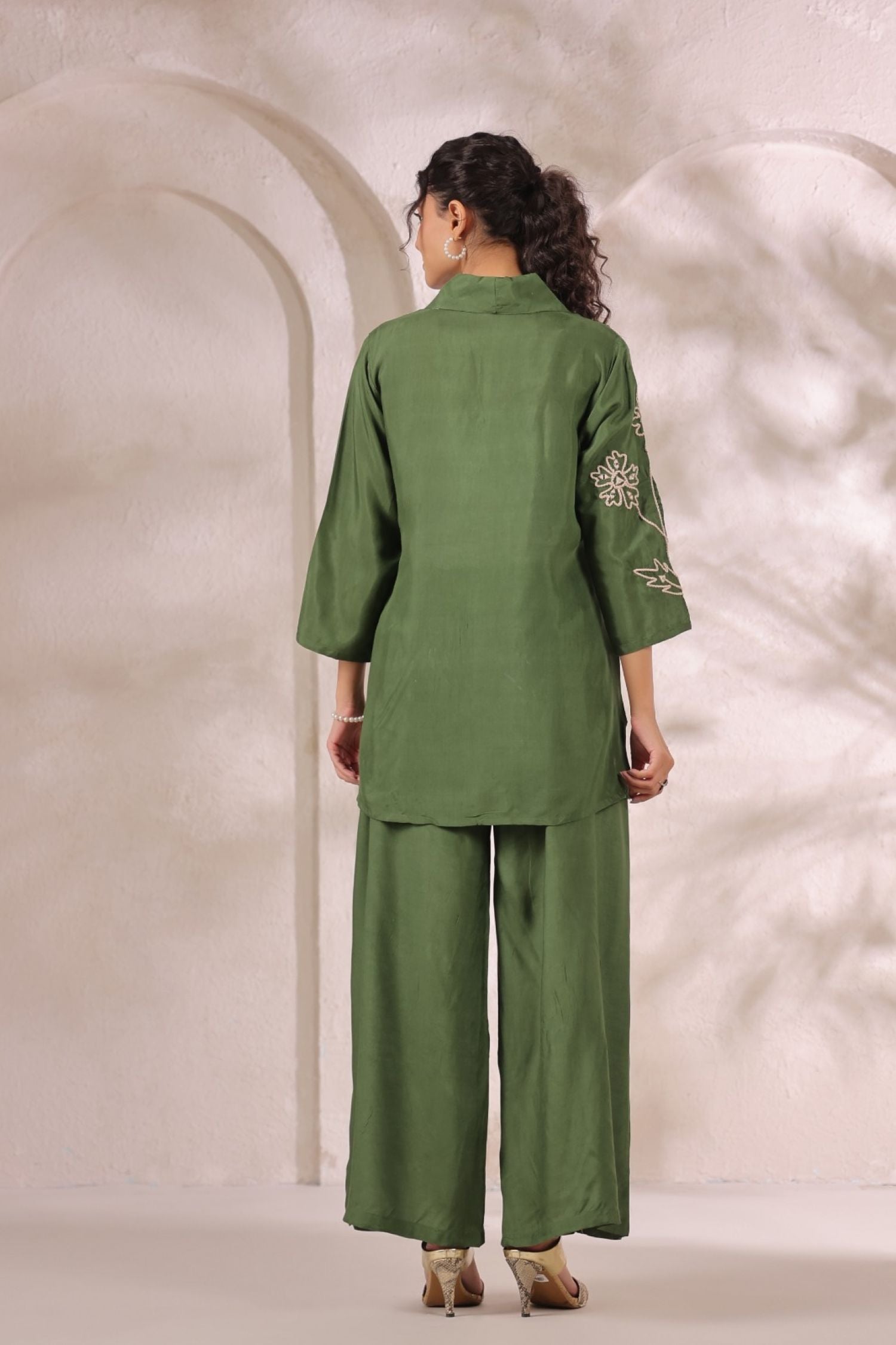 Mehendi Green Satin Golden Floral Embroidered Cord Set