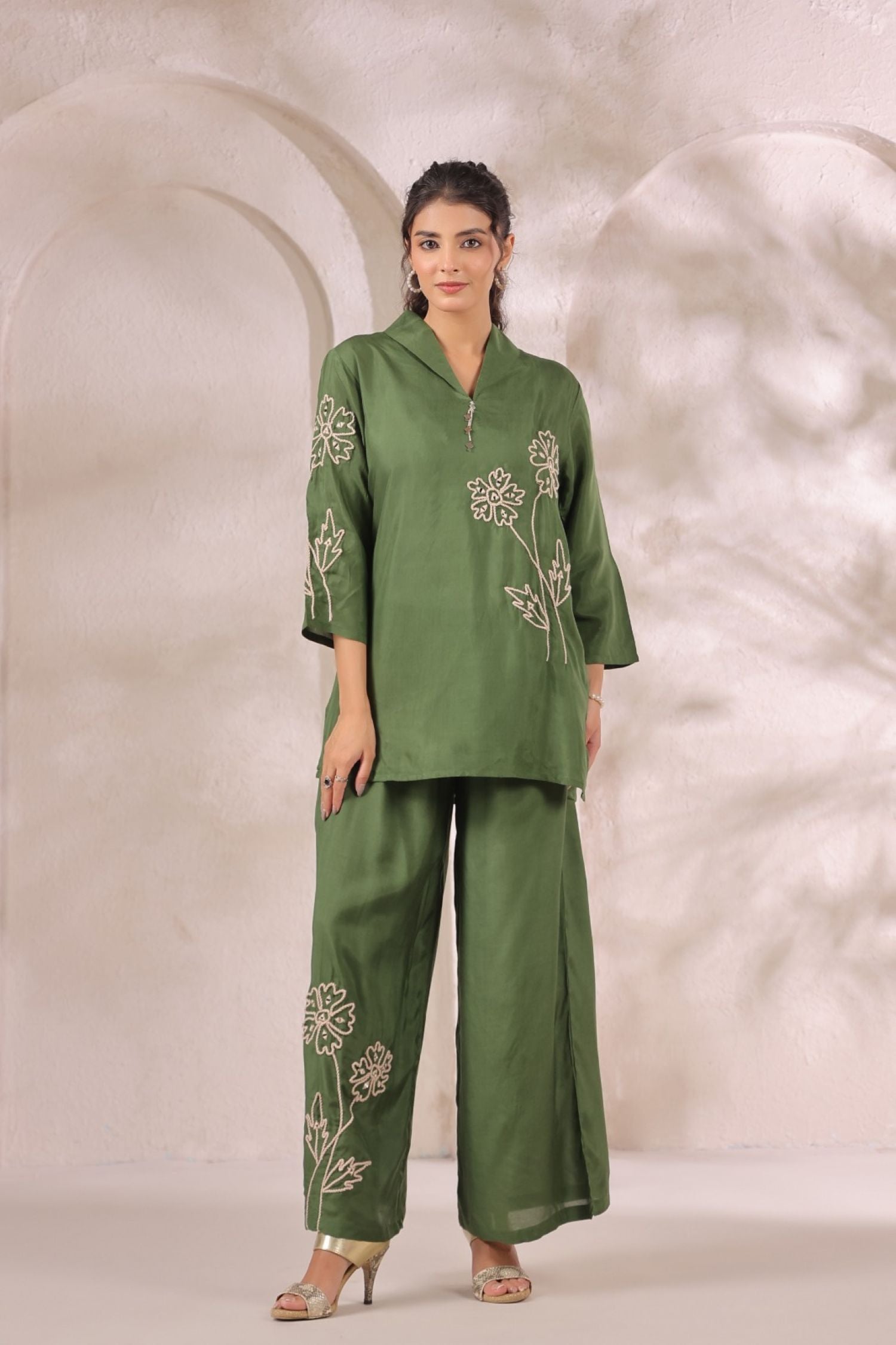 Mehendi Green Satin Golden Floral Embroidered Cord Set