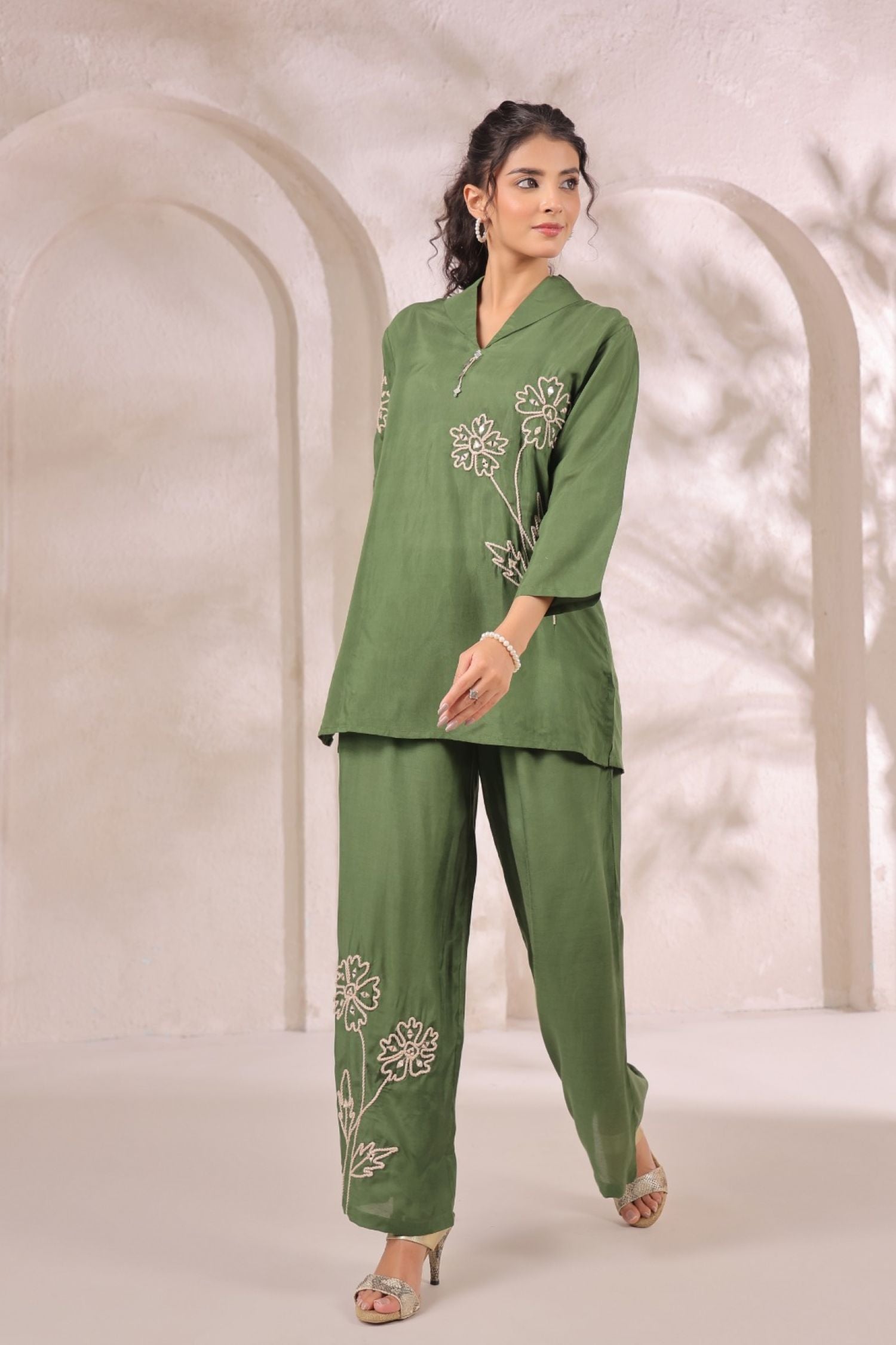 Mehendi Green Satin Golden Floral Embroidered Cord Set