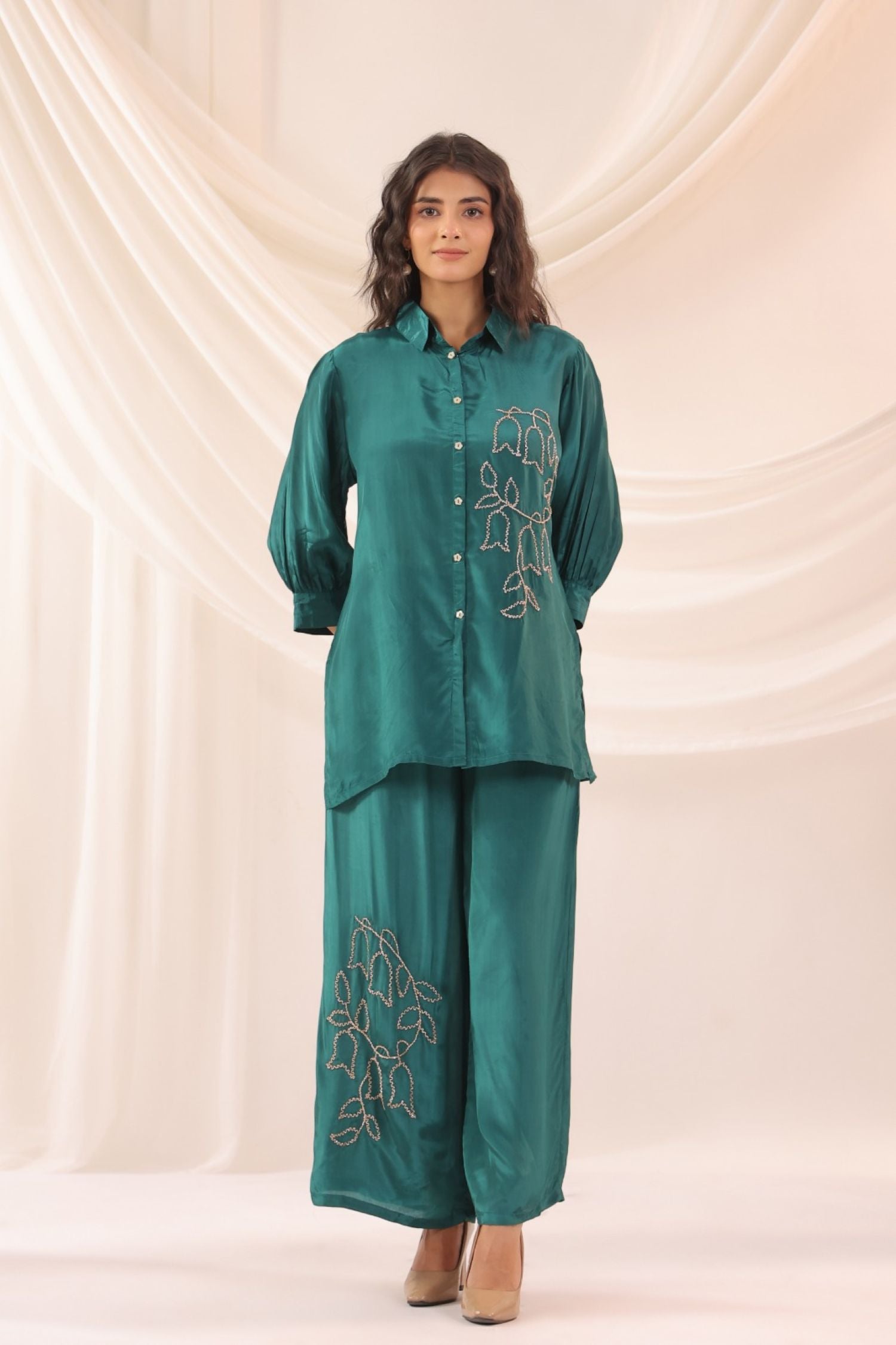 Teal Blue Satin Golden Floral Embroidered Cord Set
